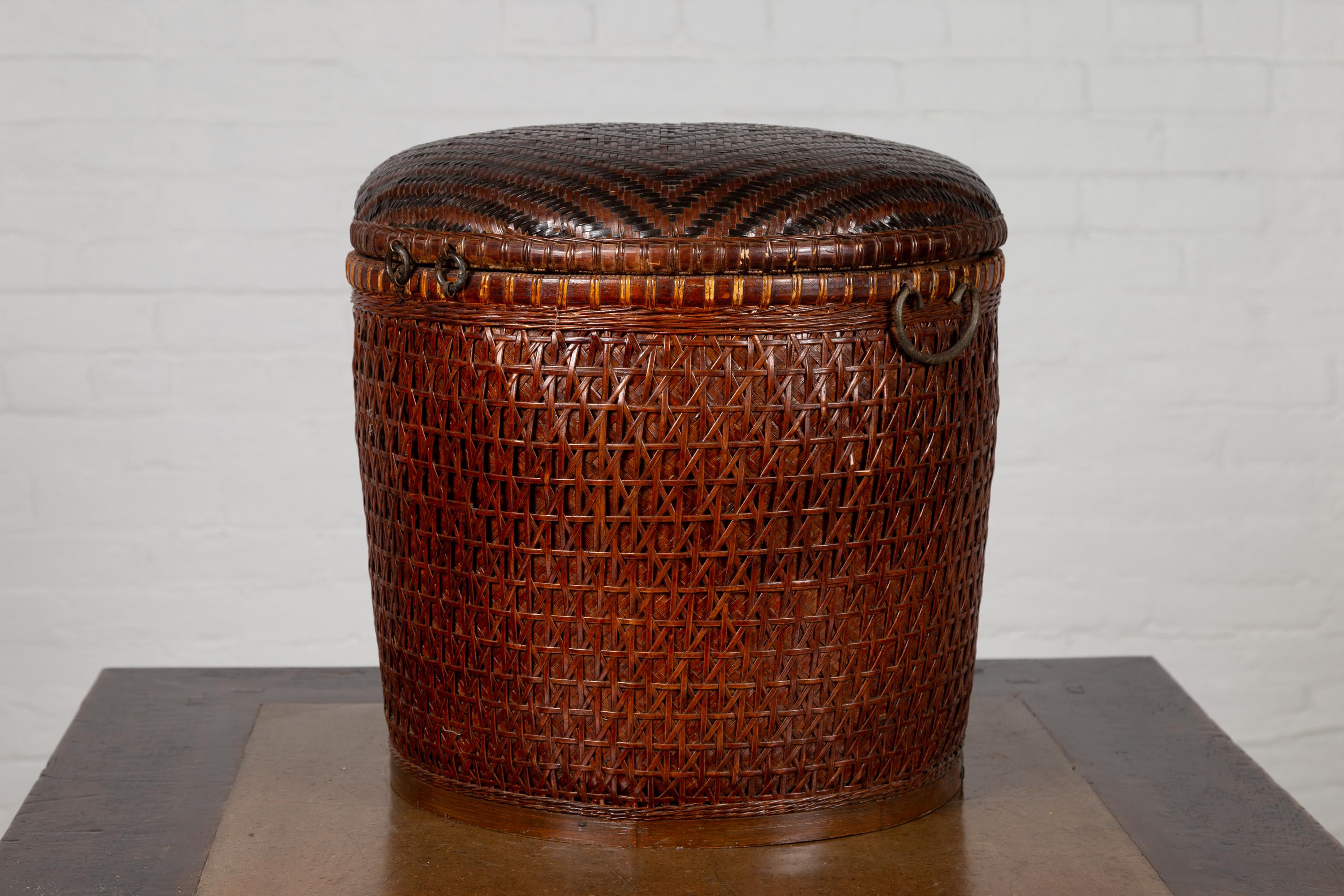 Chinese Early 20th Century Wood and Rattan Basket with Lid and Decorative Motifs 3