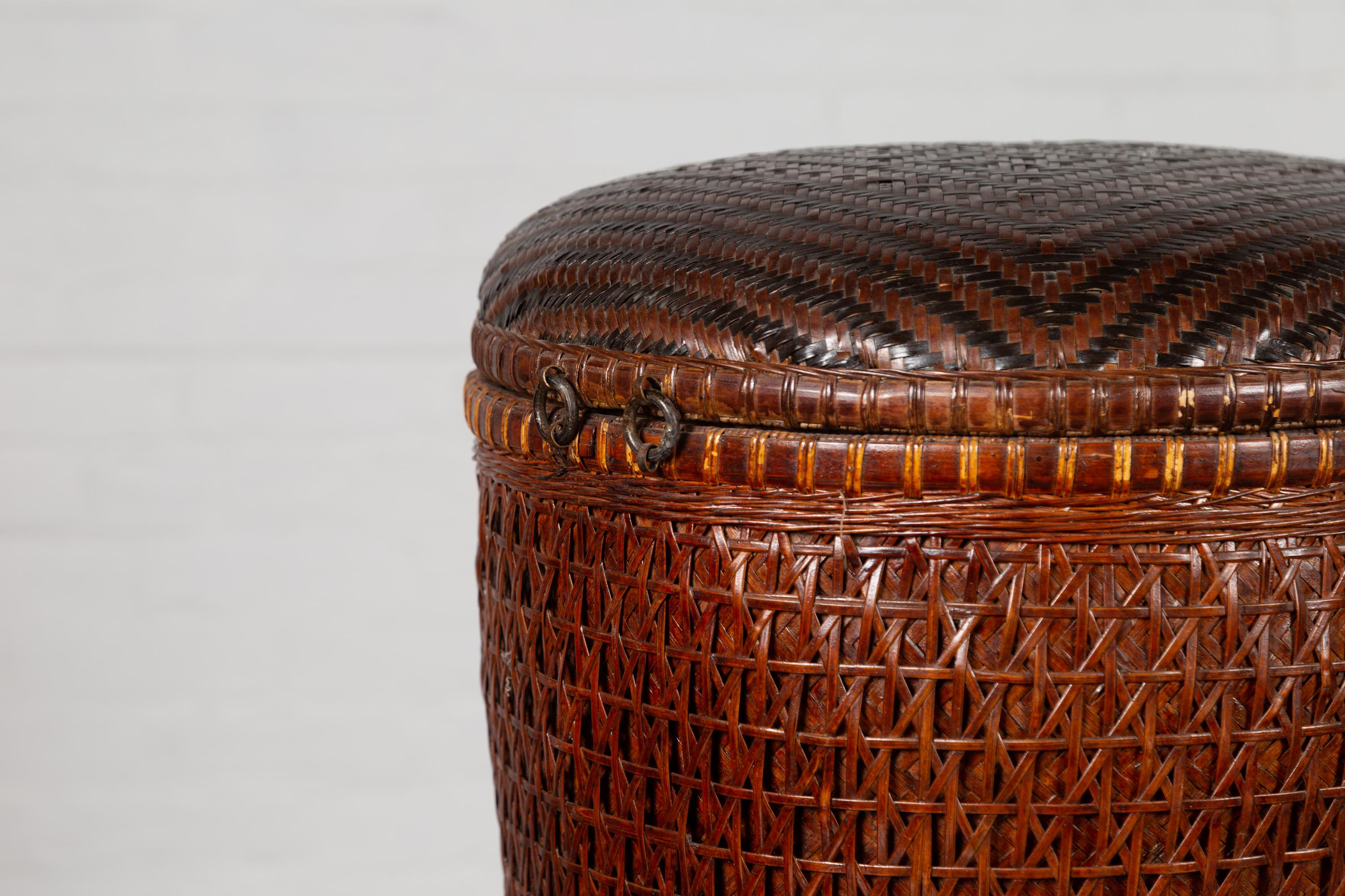 Chinese Early 20th Century Wood and Rattan Basket with Lid and Decorative Motifs 4