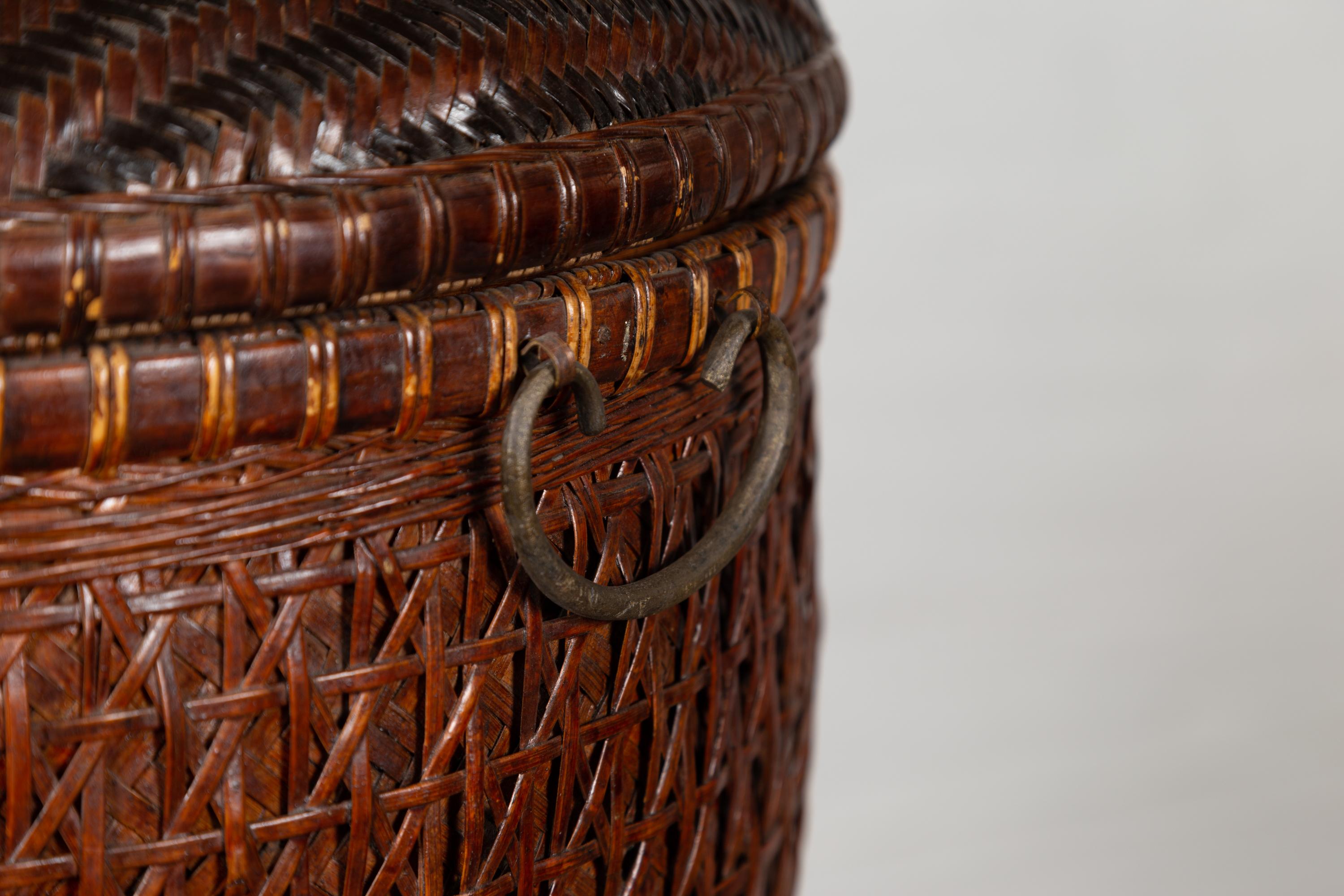 Chinese Early 20th Century Wood and Rattan Basket with Lid and Decorative Motifs 5