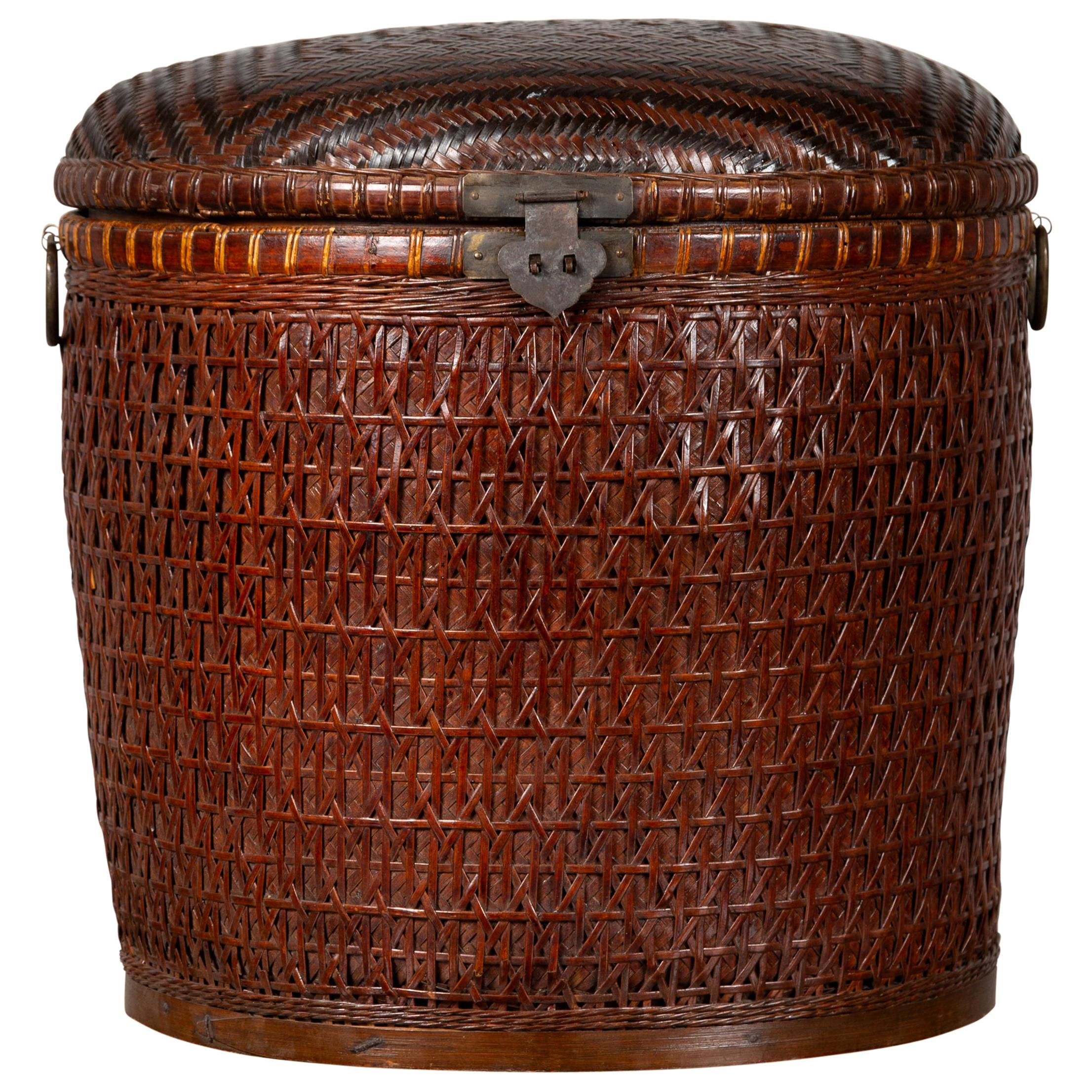 Chinese Early 20th Century Wood and Rattan Basket with Lid and Decorative Motifs