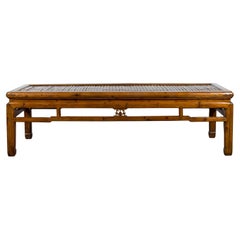 Chinese Early 20th Century Wooden Bench with Bamboo Top and Carved Apron