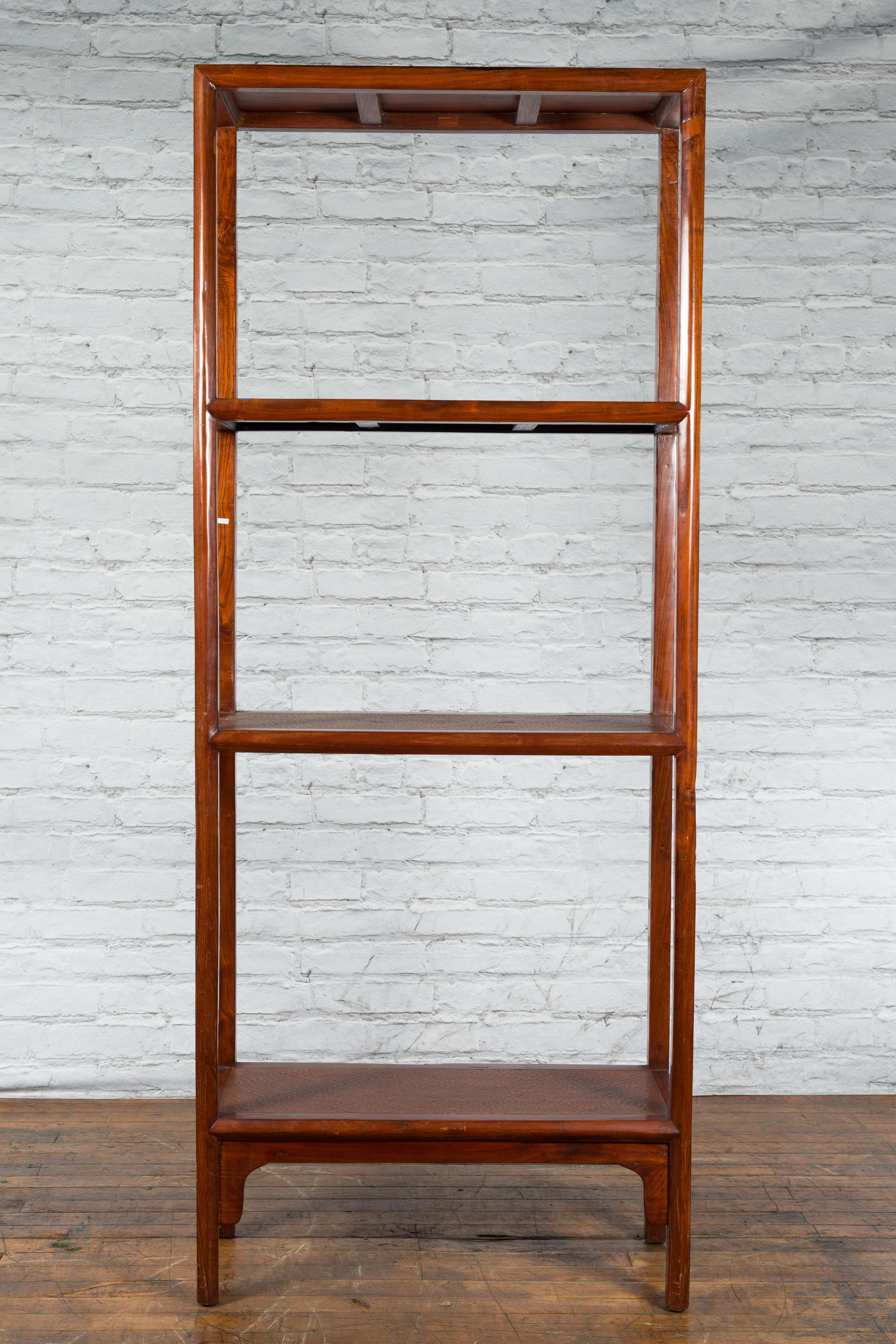 Chinese Early 20th Century Wooden Bookcase with Woven Rattan Shelves and Apron For Sale 6
