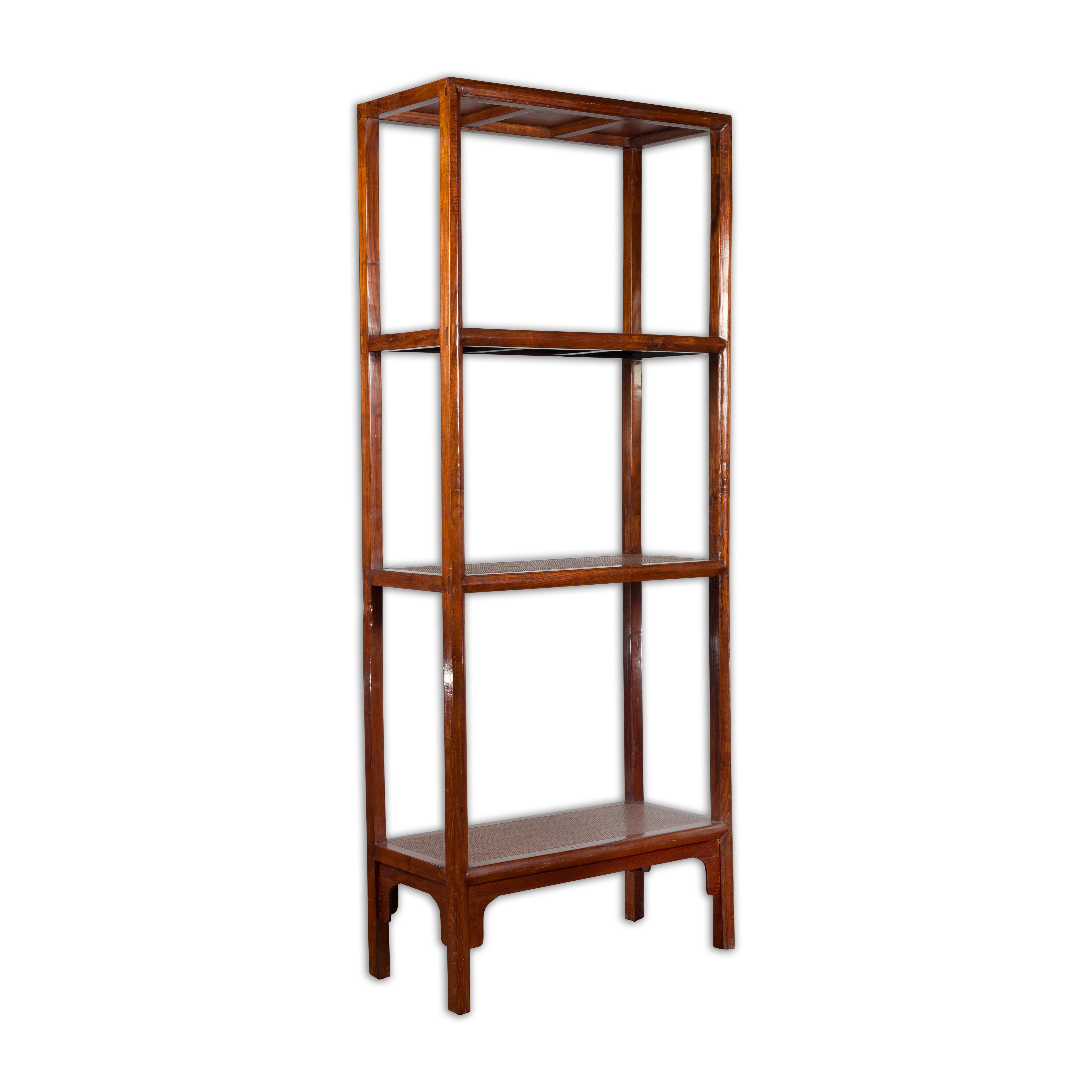 Chinese Early 20th Century Wooden Bookcase with Woven Rattan Shelves and Apron For Sale 8