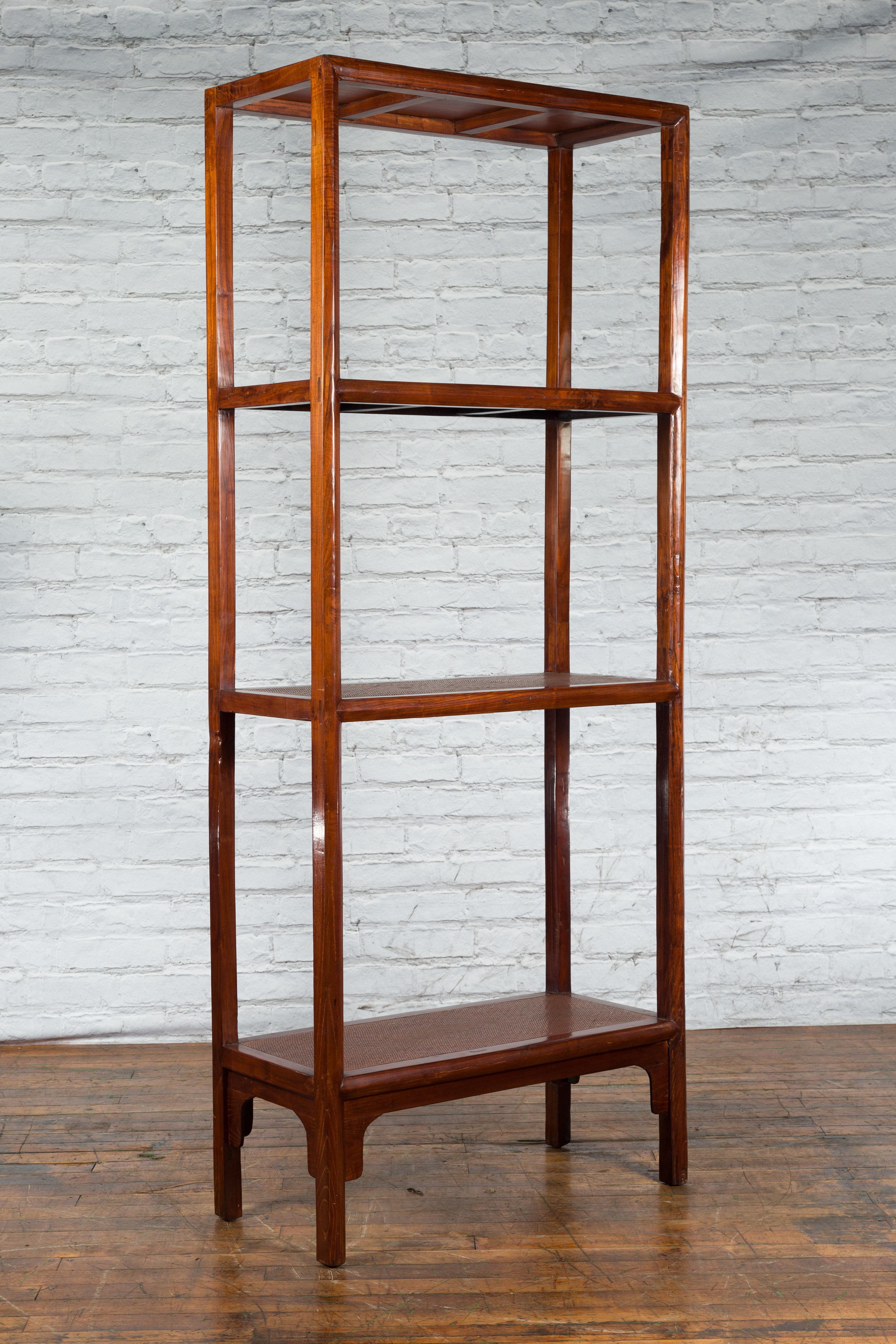 Chinese Early 20th Century Wooden Bookcase with Woven Rattan Shelves and Apron For Sale 3