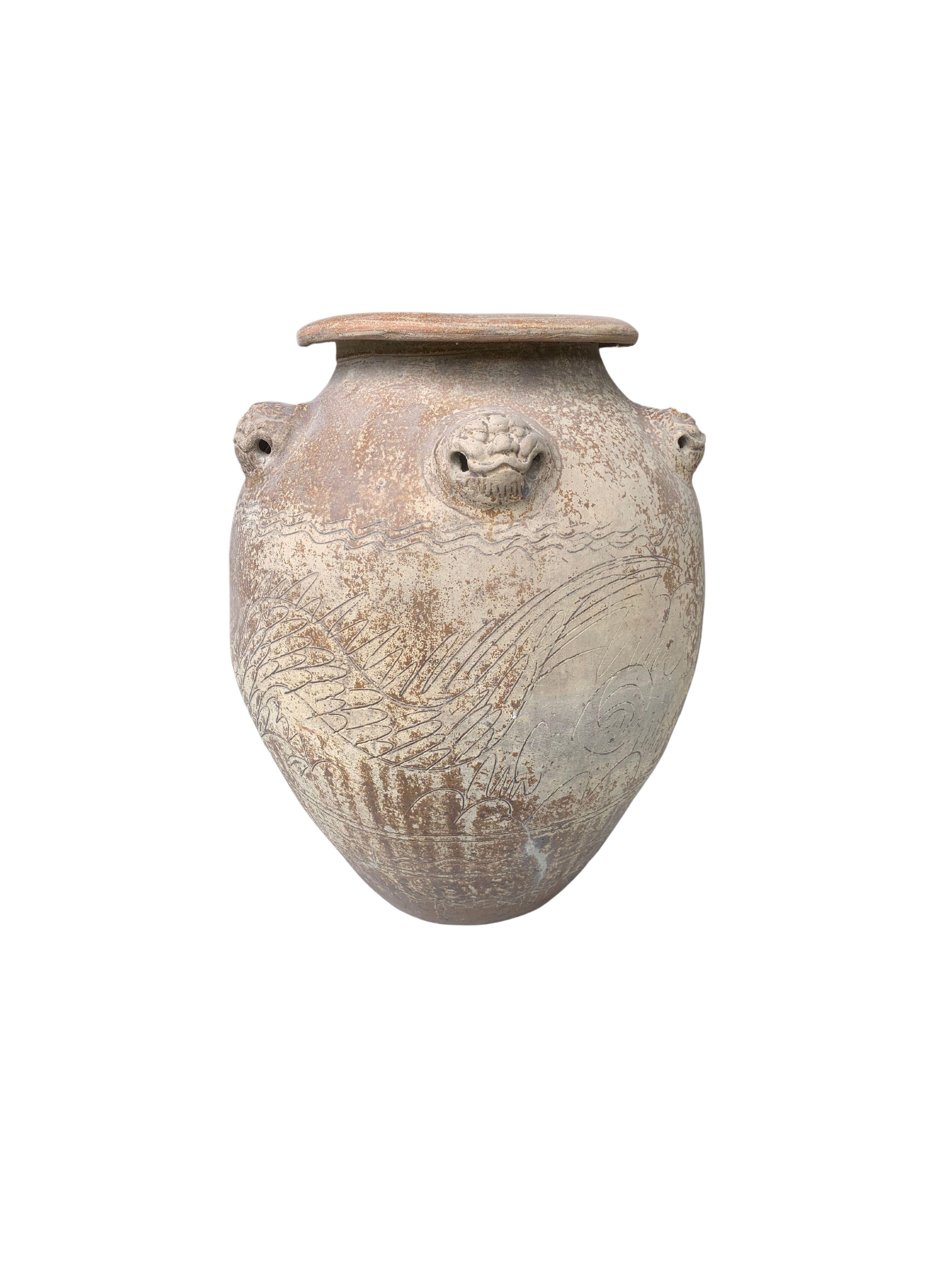 Qing Chinese Earth Coloured Ceramic Jar / Planter with Tiger Medallions, c. 1900 For Sale