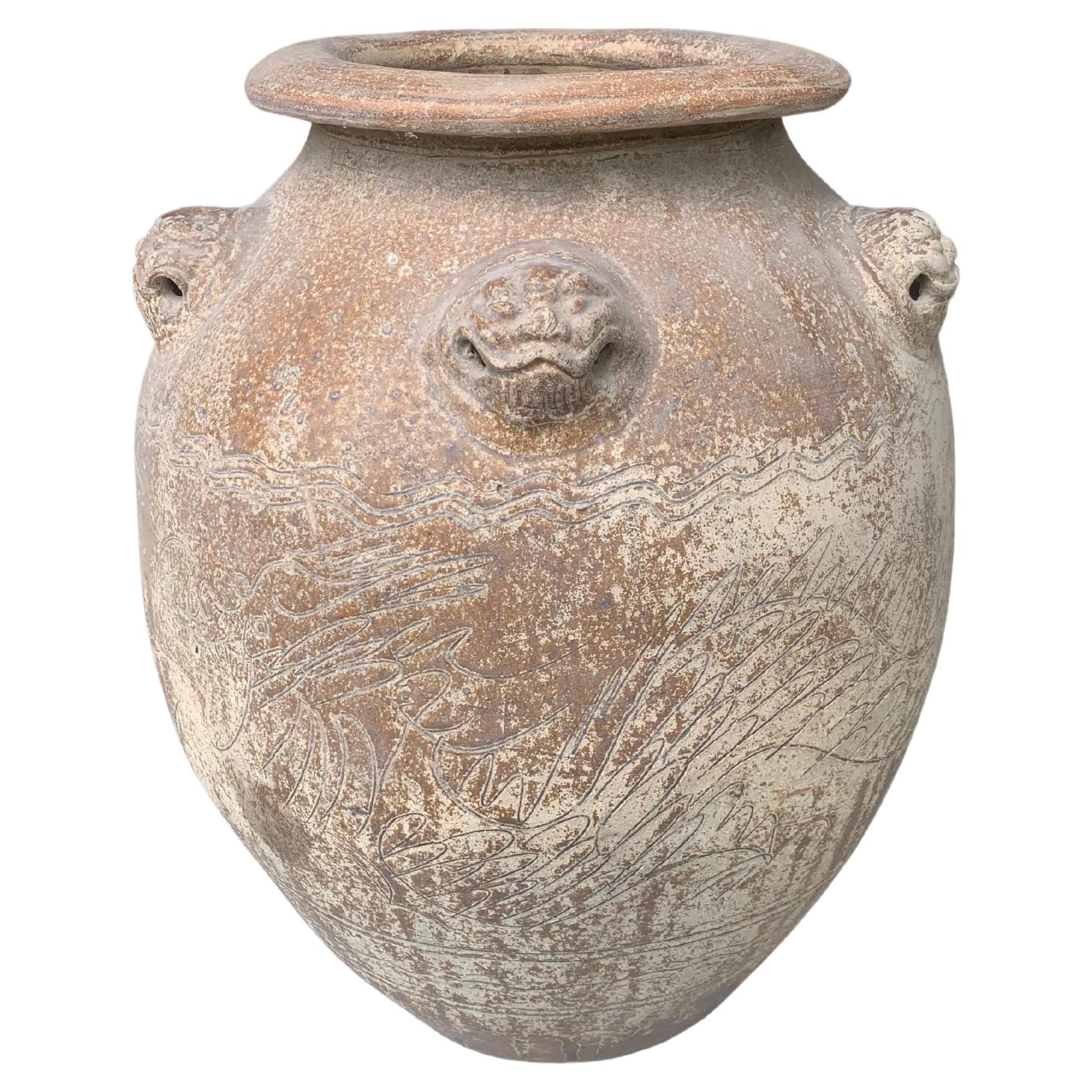 Chinese Earth Coloured Ceramic Jar / Planter with Tiger Medallions, c. 1900 For Sale
