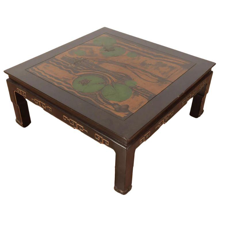 20th Century Chinese Ebonized and Gilt Pond Scene Coffee Table For Sale