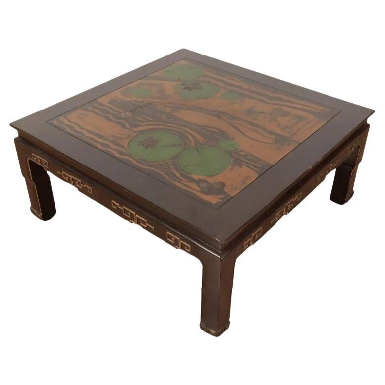 Chinese Ebonized and Gilt Pond Scene Coffee Table For Sale