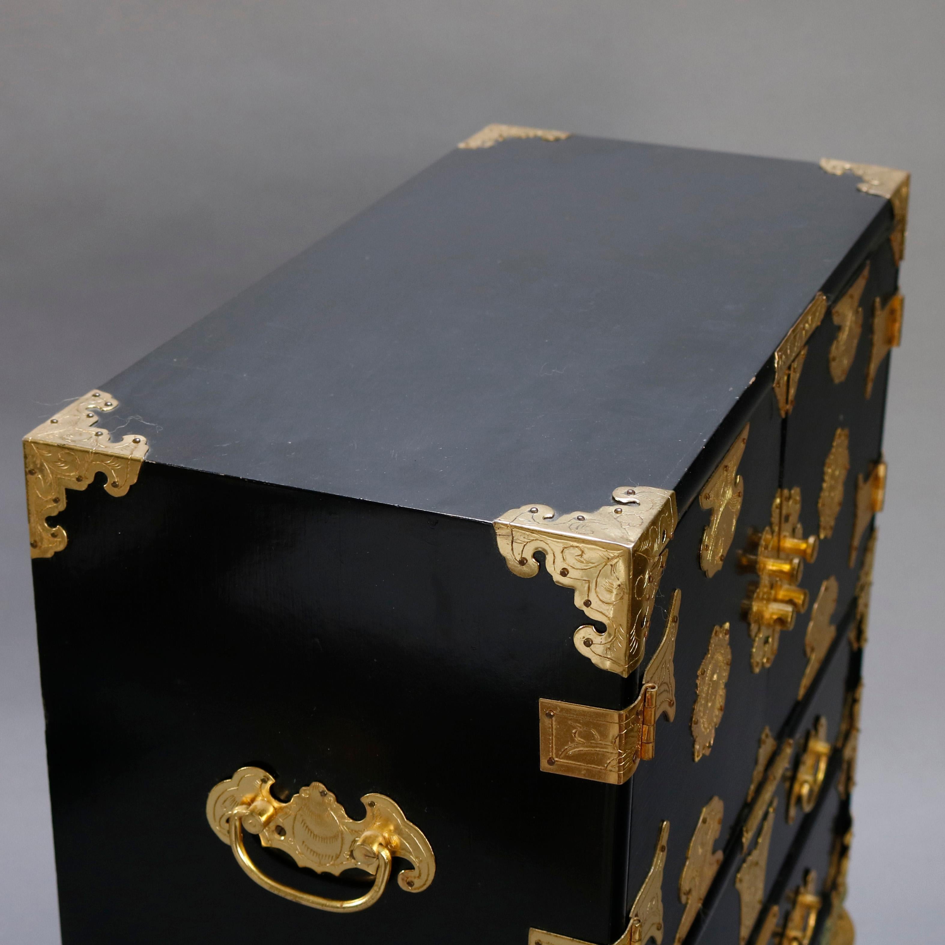 Chinese Ebonized & Brass Table Top Jewelry Cabinet, 20th Century In Good Condition In Big Flats, NY