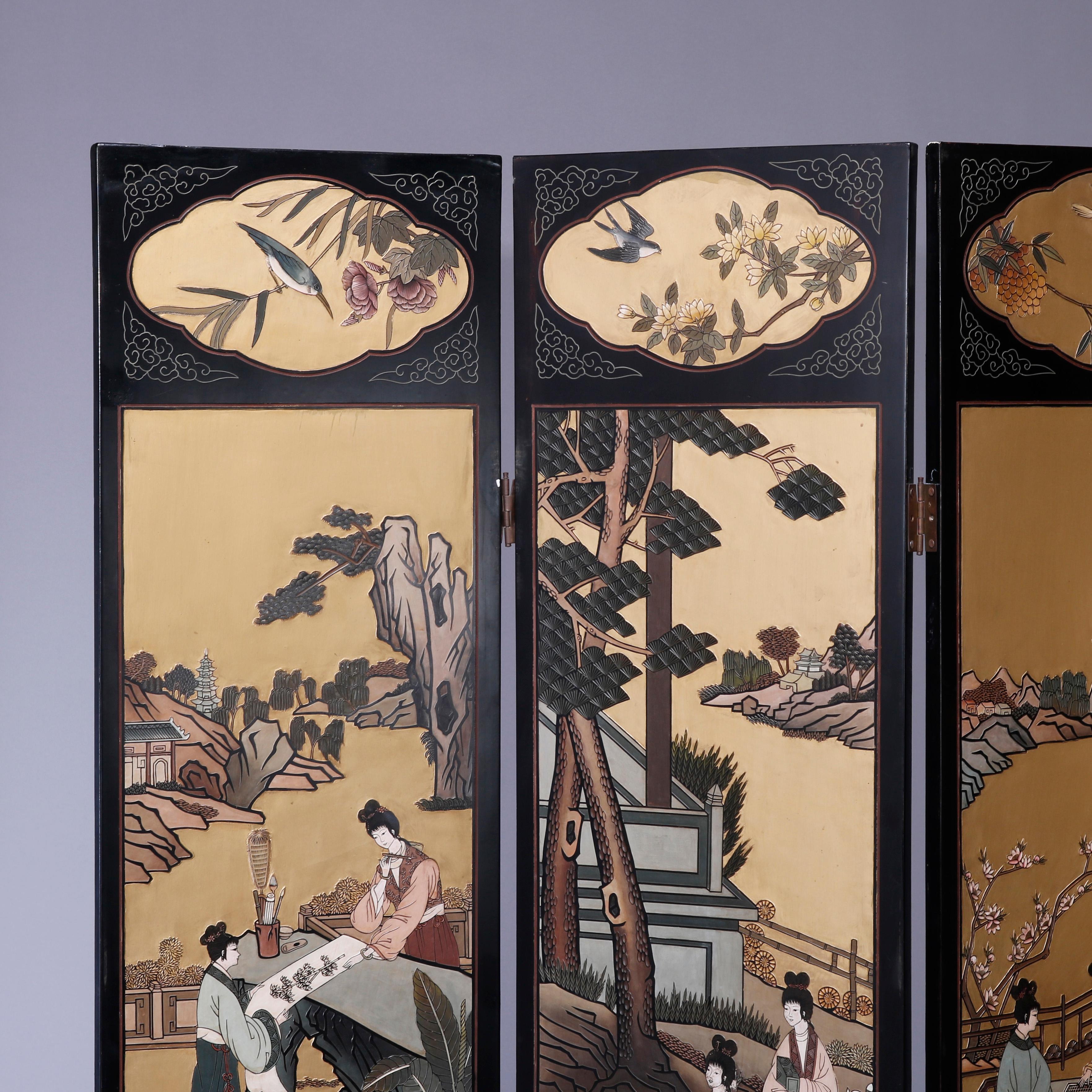An antique Chinese four-panel dressing screen offers ebonized panels with carved and decorated elements including genre and garden scenes, 20th century

Measures: 62.5