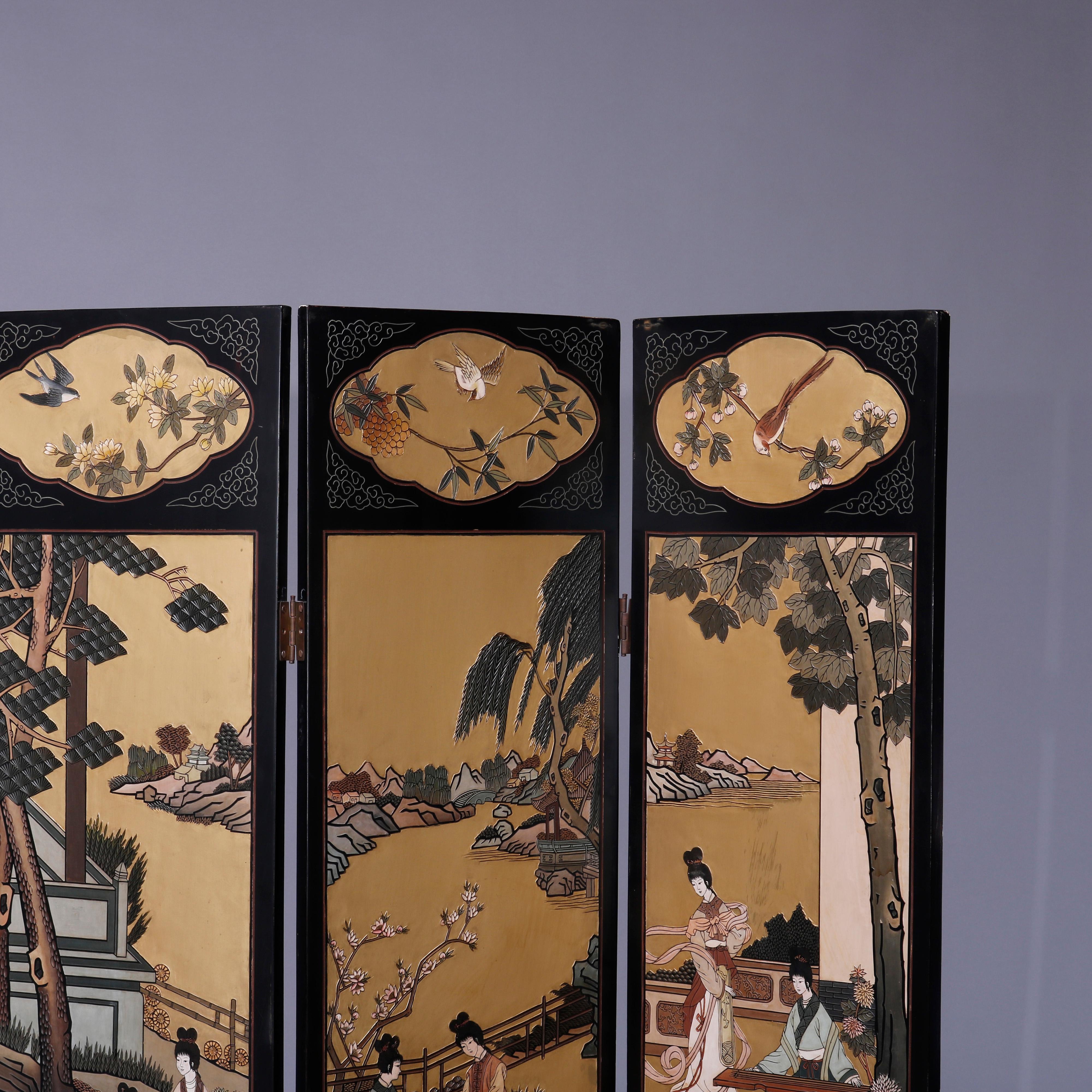 Chinese Ebonized Decorated & Carved in Relief 4 Panel Dressing Screen, 20th C In Good Condition In Big Flats, NY