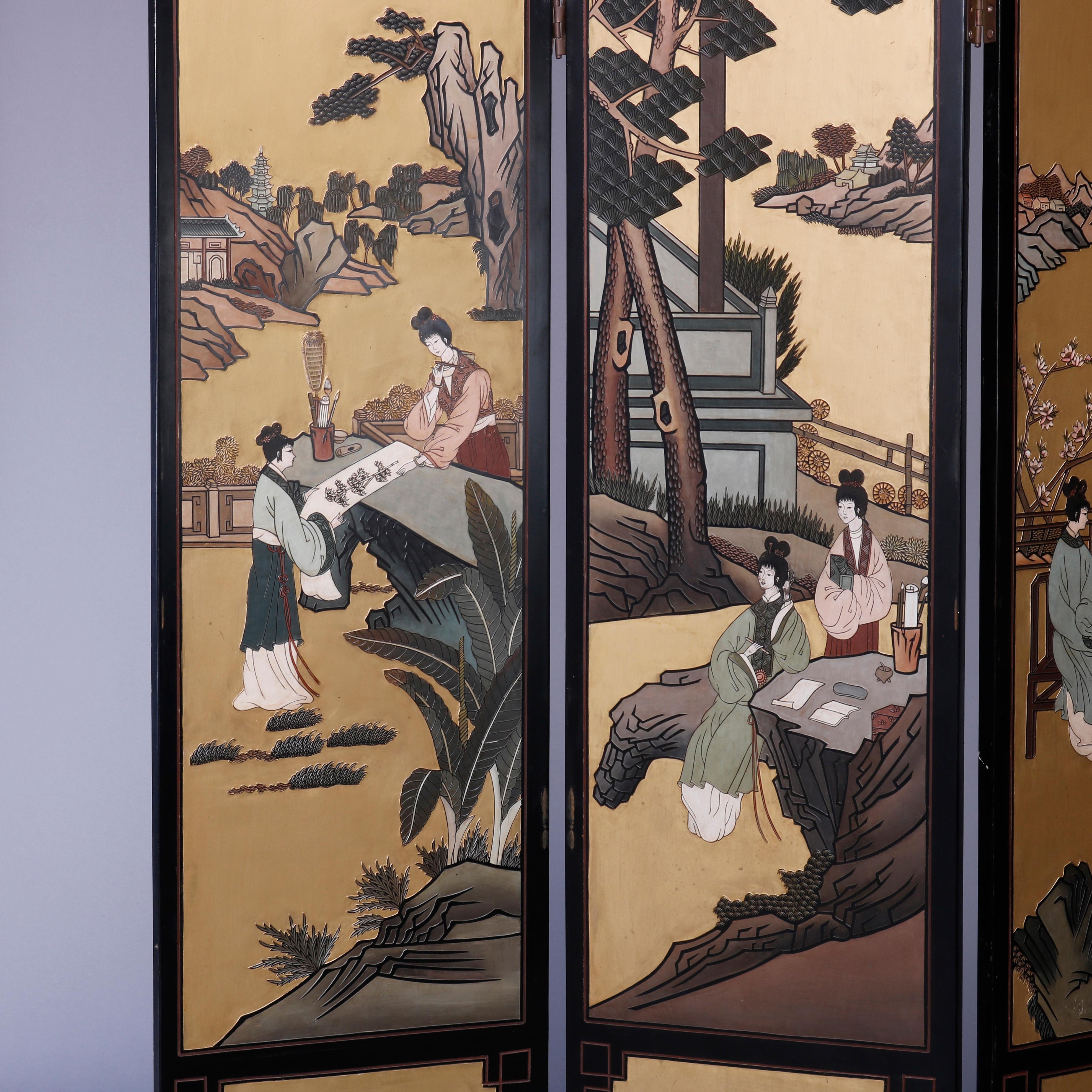 20th Century Chinese Ebonized Decorated & Carved in Relief 4 Panel Dressing Screen, 20th C