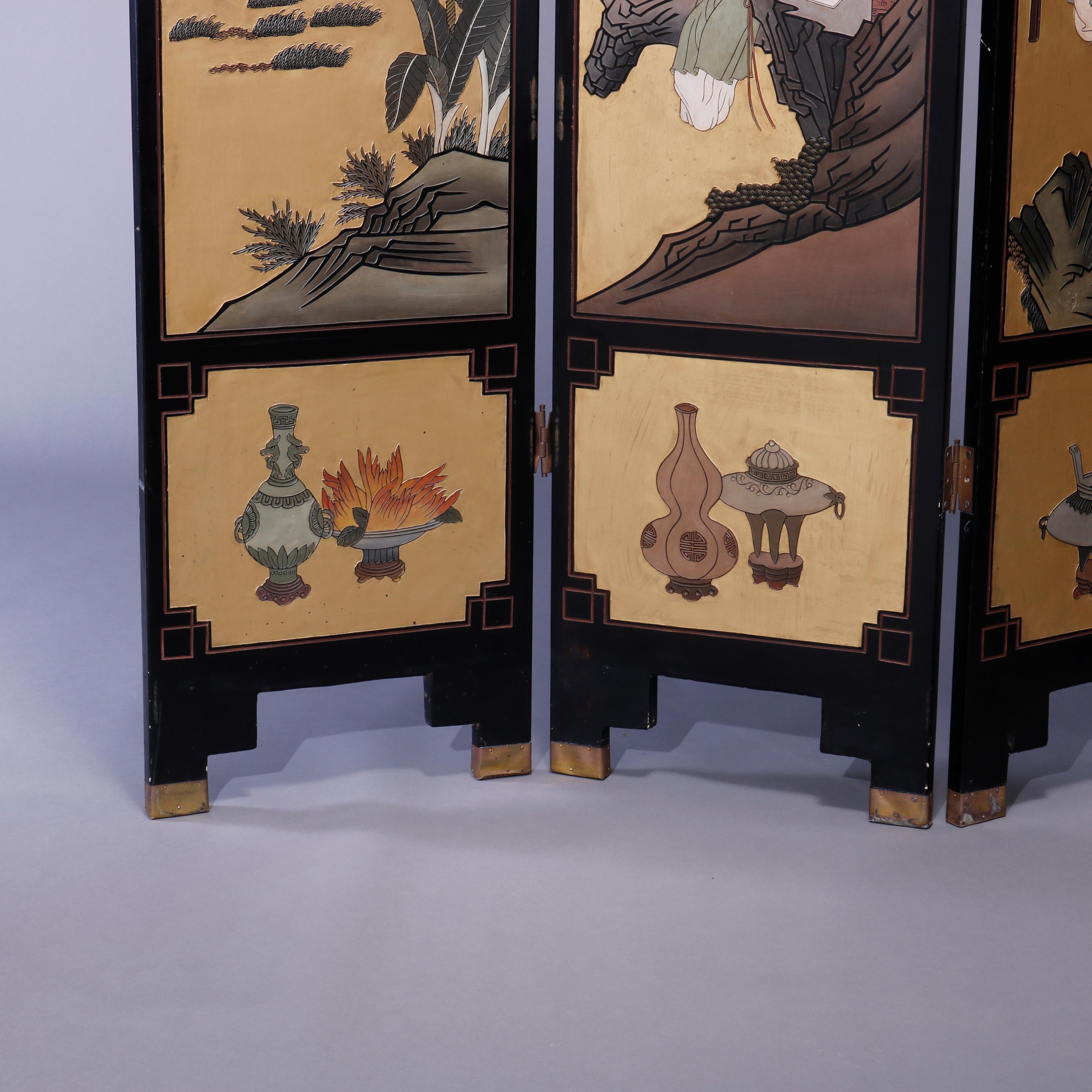 Wood Chinese Ebonized Decorated & Carved in Relief 4 Panel Dressing Screen, 20th C