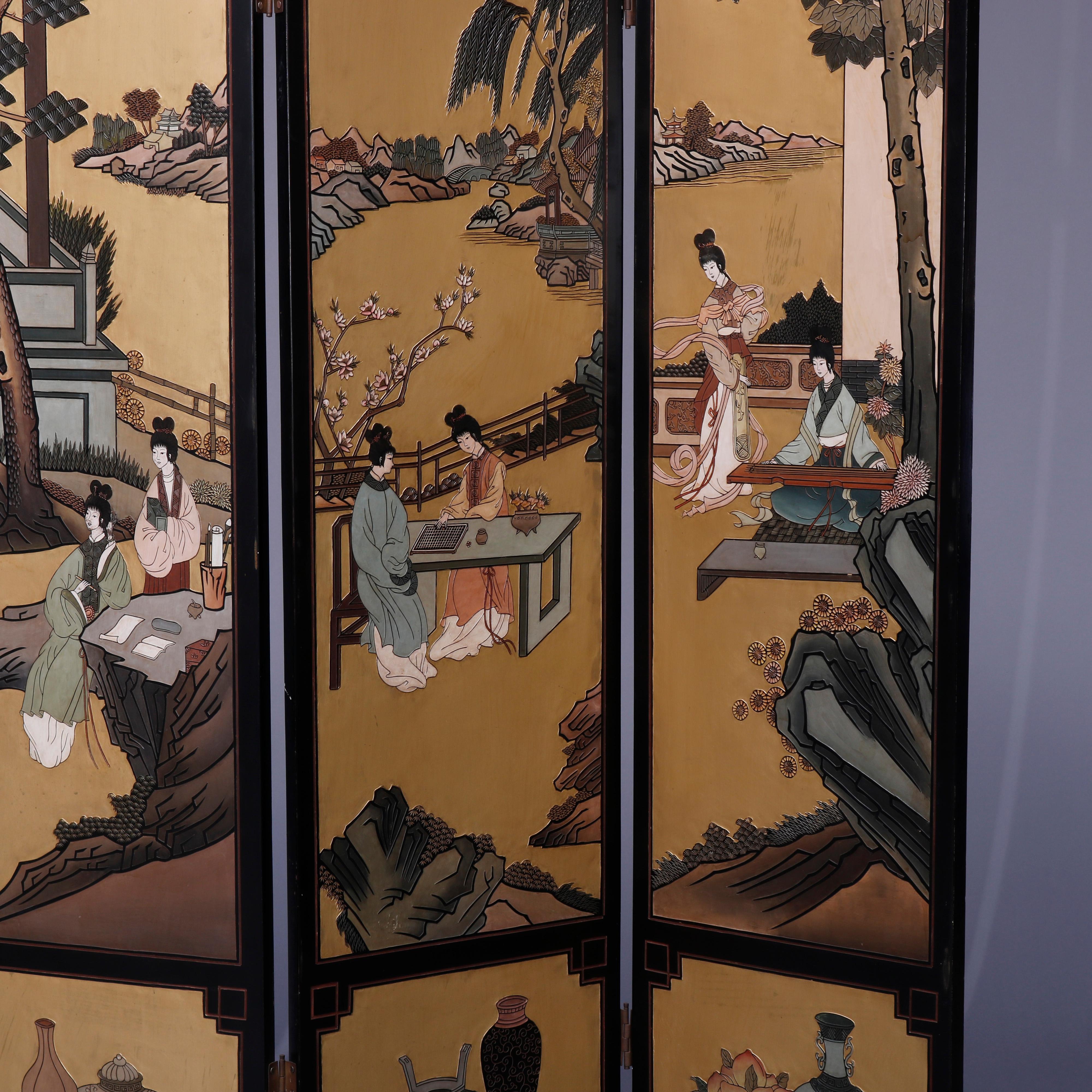 Chinese Ebonized Decorated & Carved in Relief 4 Panel Dressing Screen, 20th C 1
