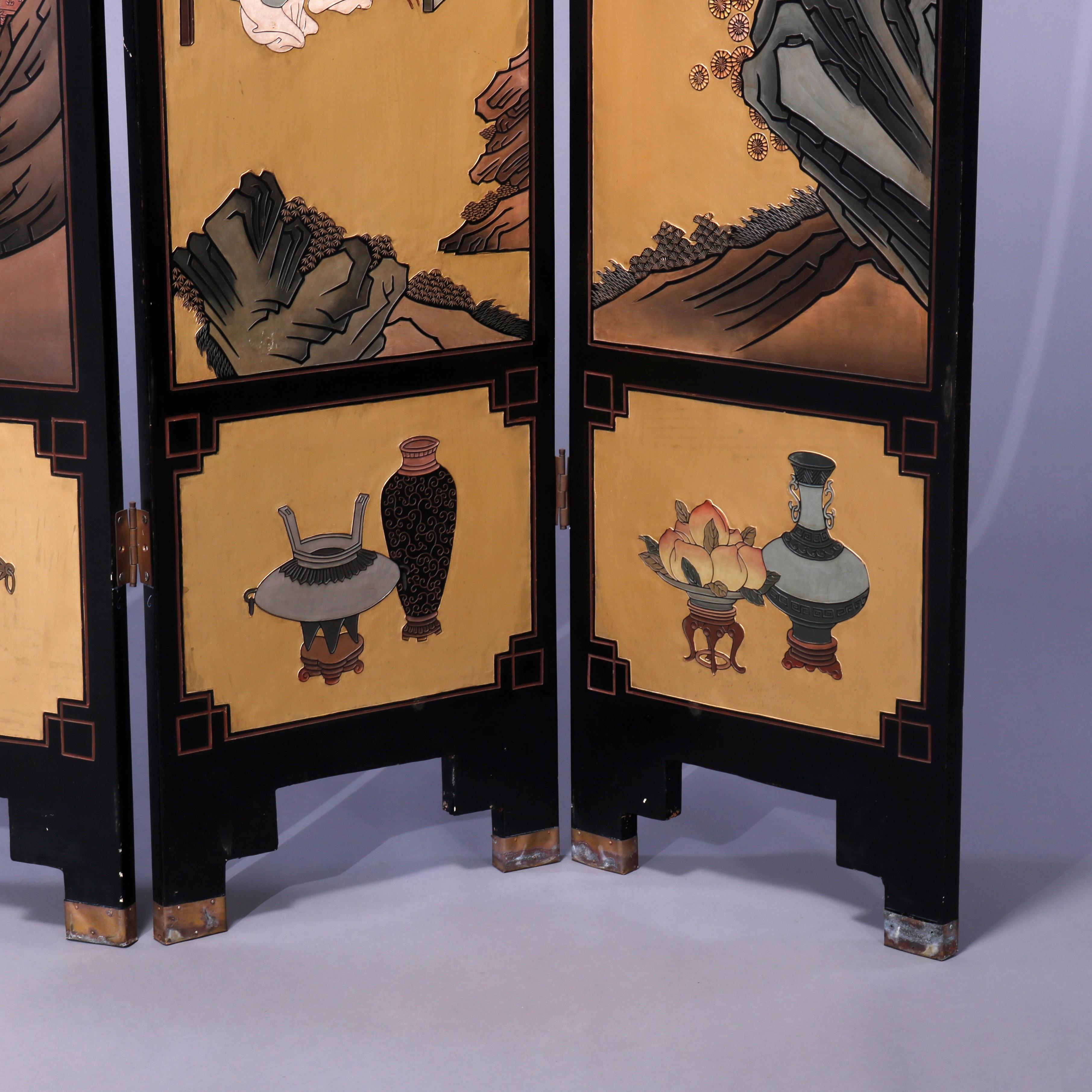 Chinese Ebonized Decorated & Carved in Relief 4 Panel Dressing Screen, 20th C 2