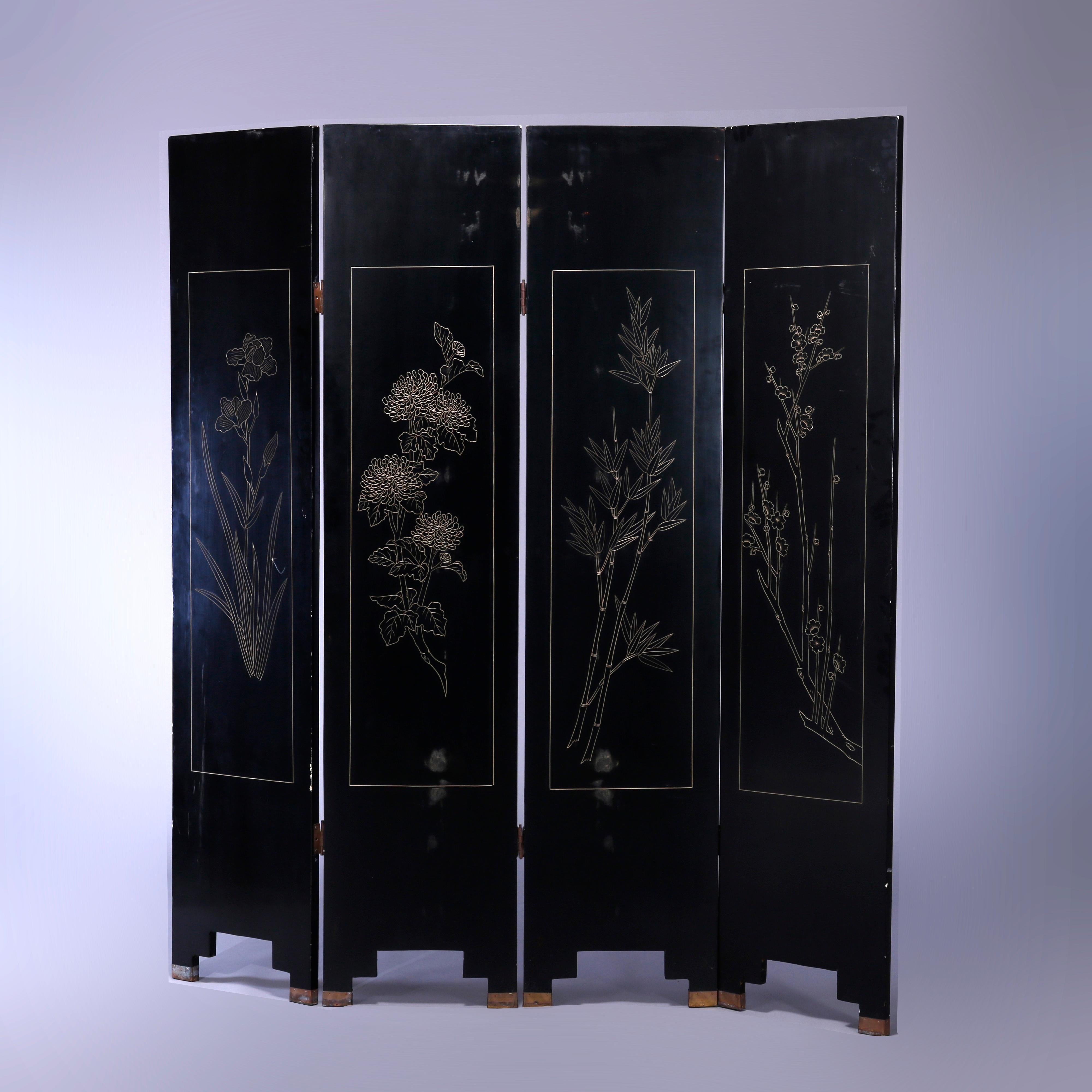 Chinese Ebonized Decorated & Carved in Relief 4 Panel Dressing Screen, 20th C 3