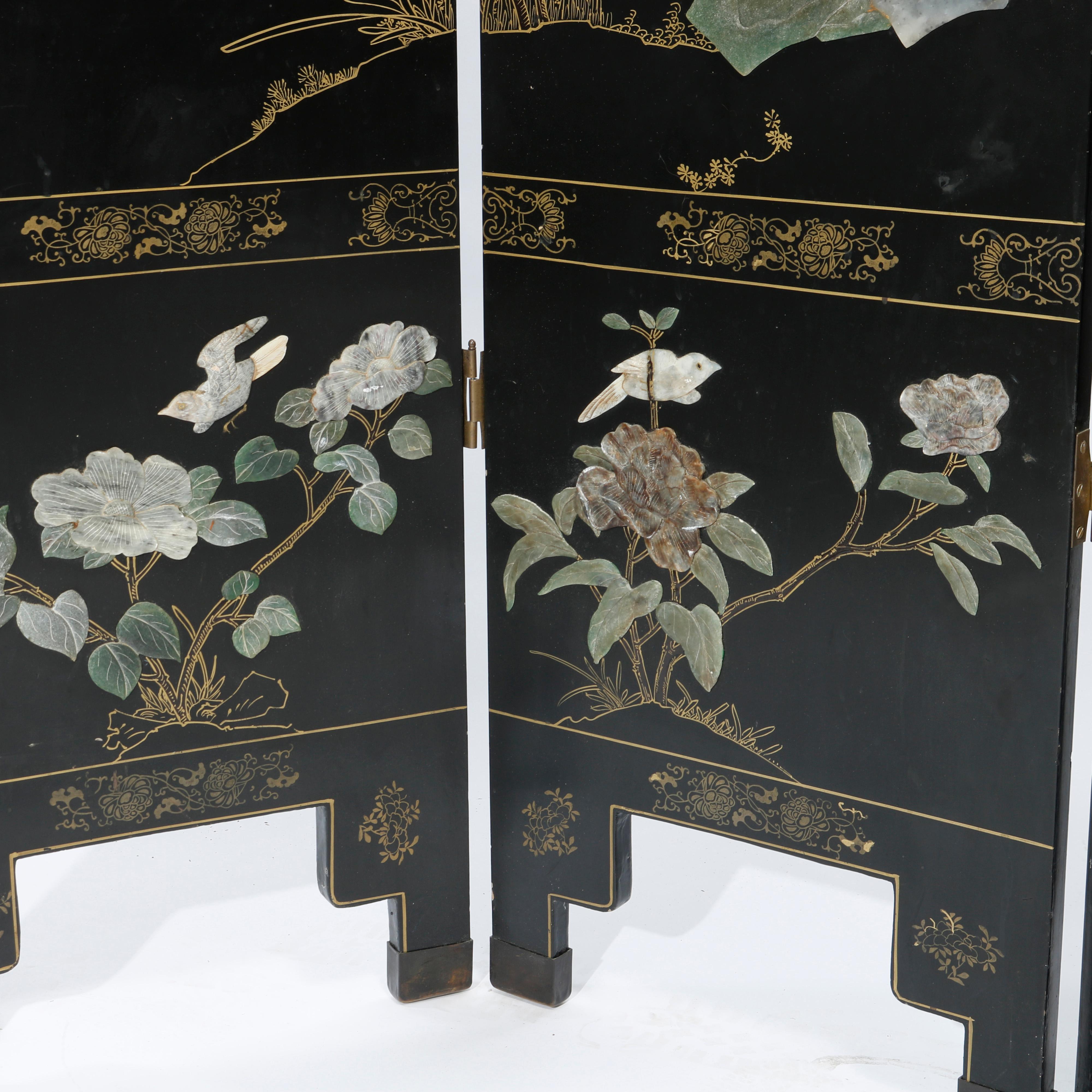 Chinese Ebonized Four Panel Dressing Screen with Hard Stone Garden Scene, 20th C 8