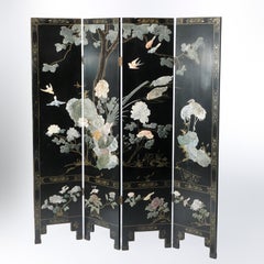 Chinese Ebonized Four Panel Dressing Screen with Hard Stone Garden Scene, 20th C