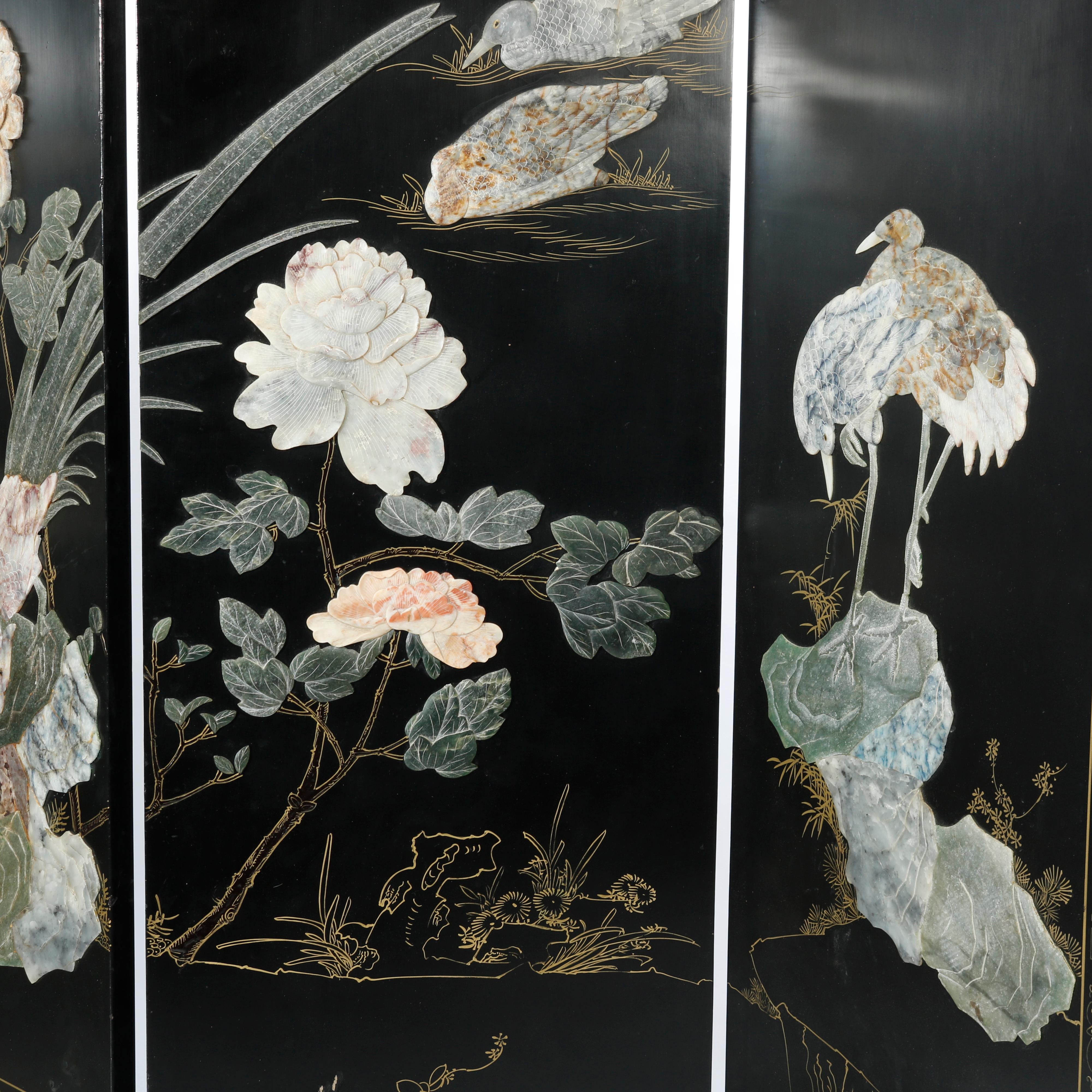 Chinese Ebonized Four Panel Dressing Screen with Hard Stone Garden Scene, 20th C In Good Condition In Big Flats, NY