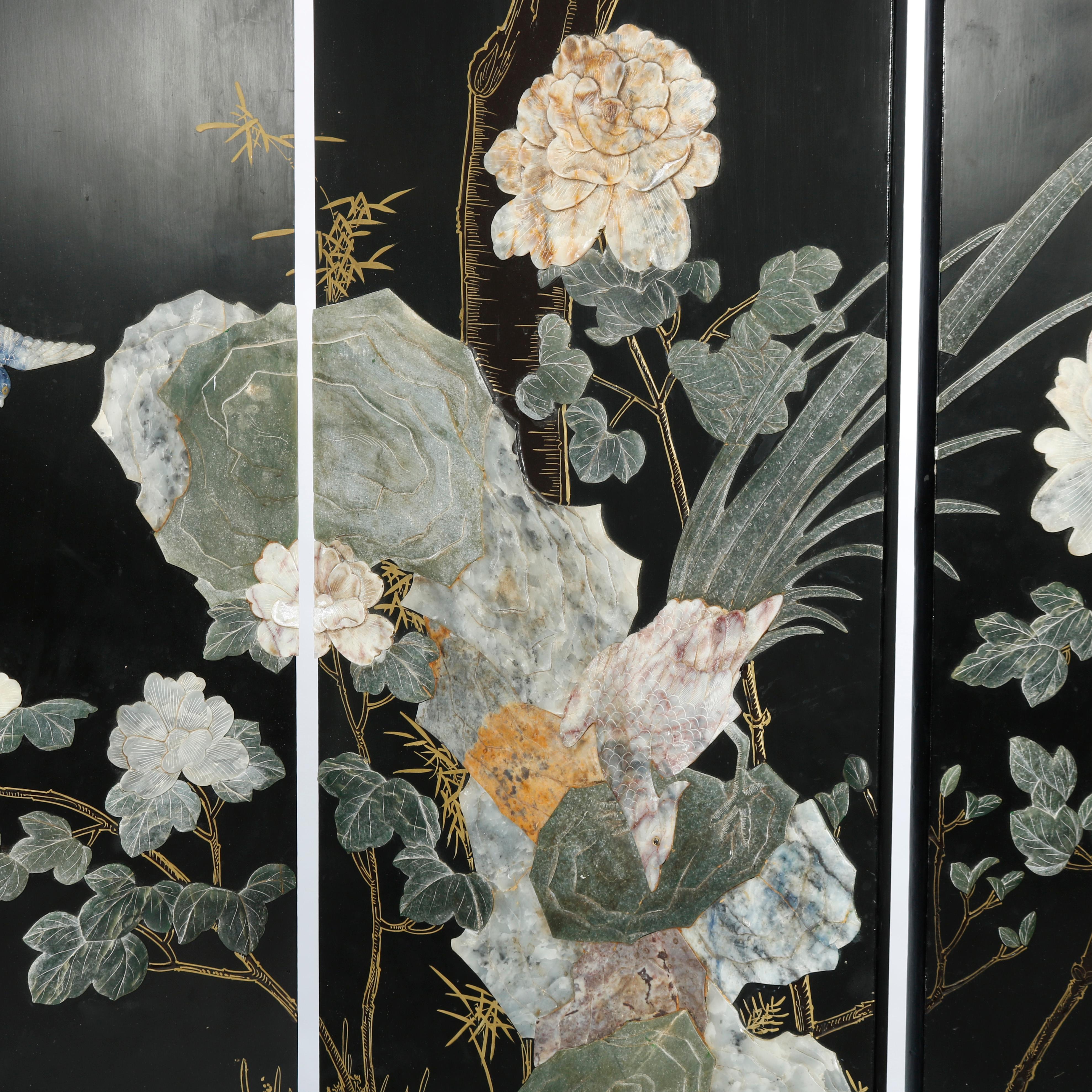 20th Century Chinese Ebonized Four Panel Dressing Screen with Hard Stone Garden Scene, 20th C