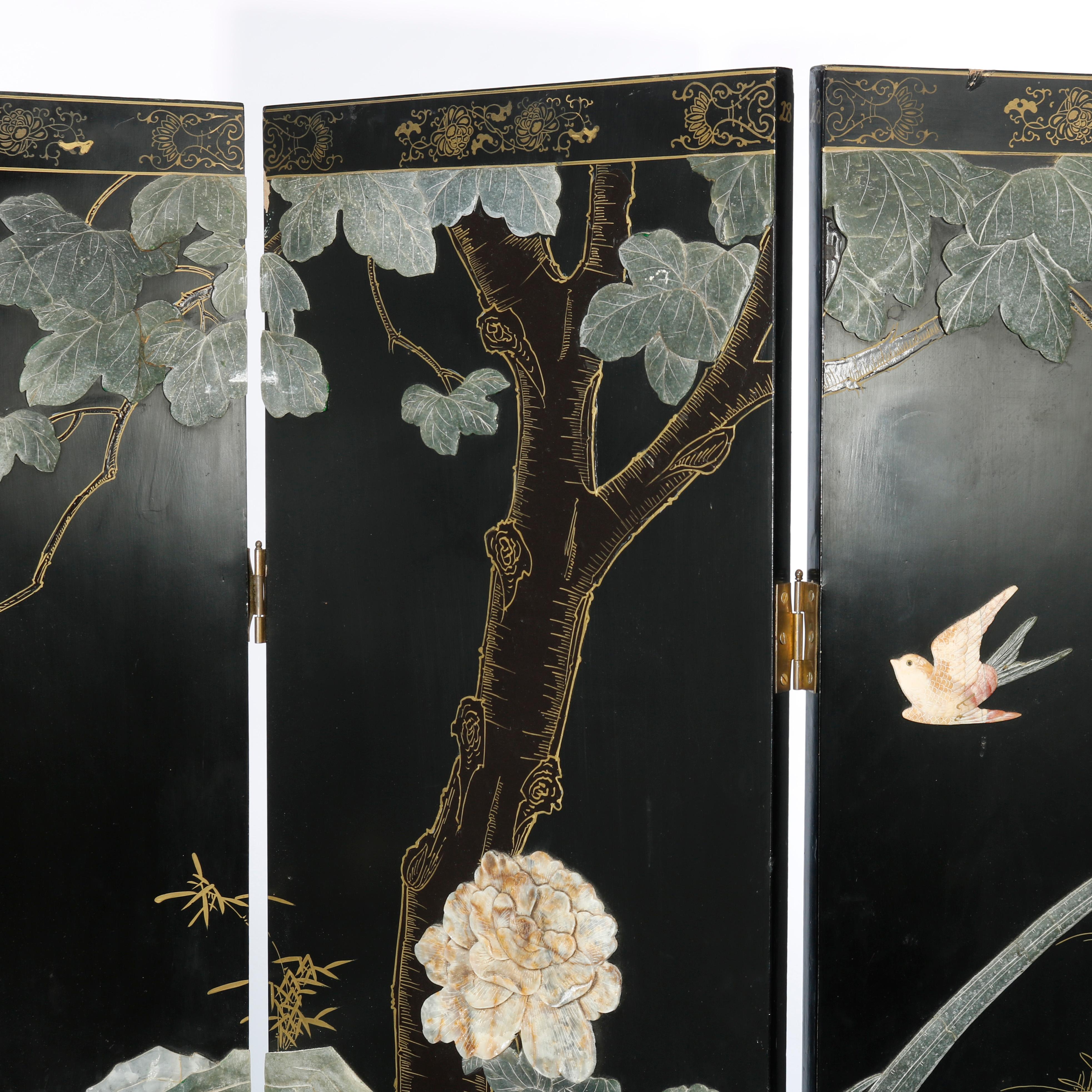 Chinese Ebonized Four Panel Dressing Screen with Hard Stone Garden Scene, 20th C 1