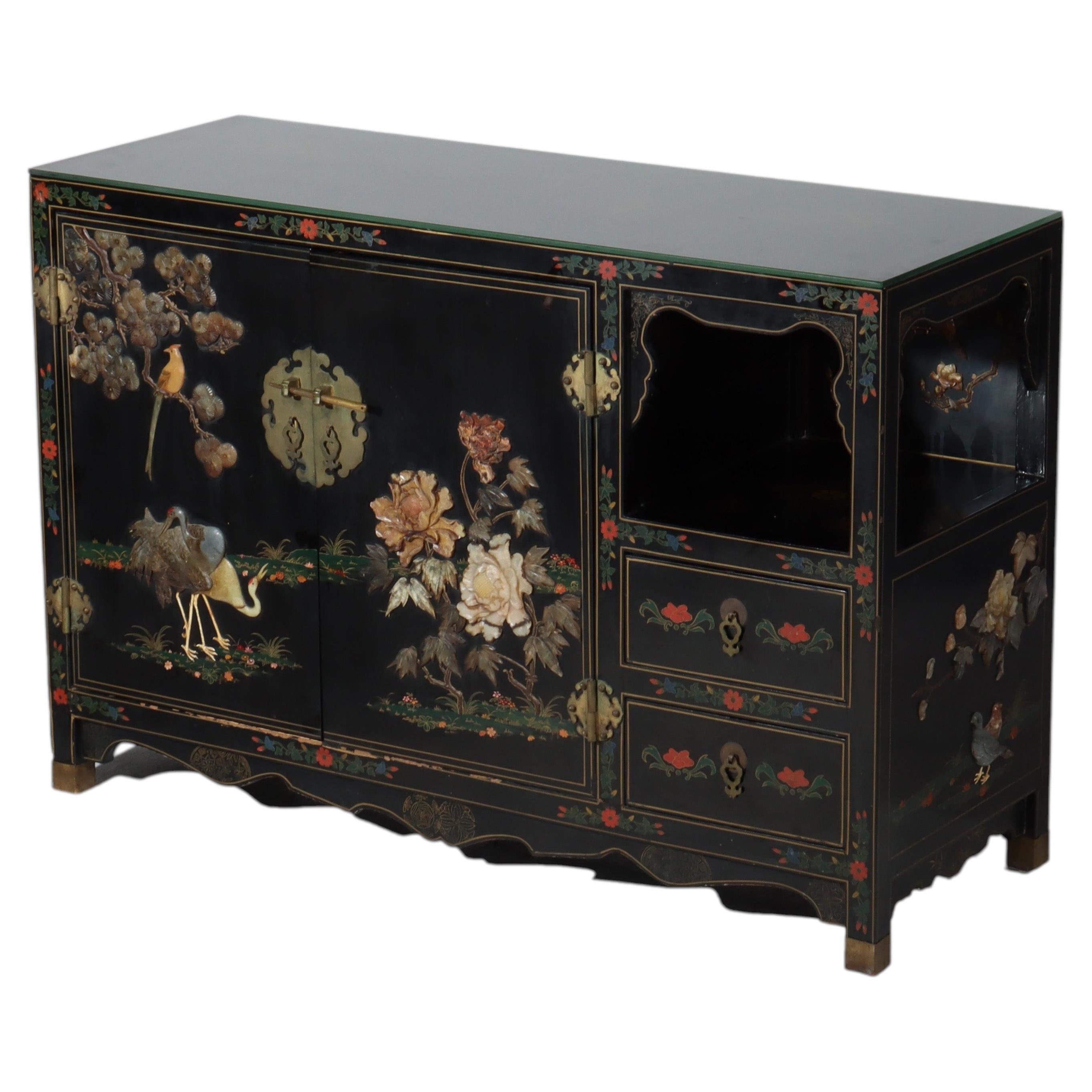 Chinese Ebonized & Gilt Credenza With Inlaid Figural & Floral Soap Stone 20thC