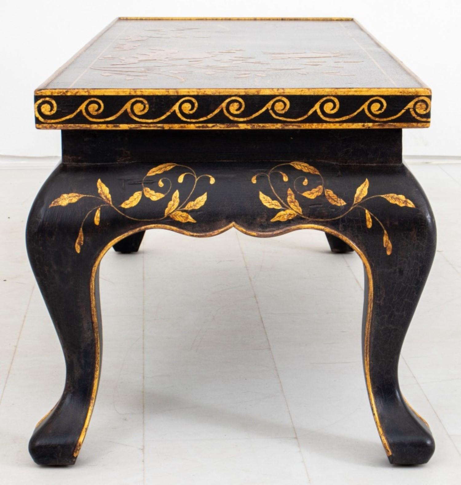Chinese ebonized and gilt wood coffee or cocktail table with intricate design elements:

Style: Chinese, potentially incorporating influences from Ming or Qing Dynasty styles.

Materials:

Ebonized wood: Wood treated to achieve a black color, often