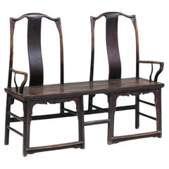 Antique Chinese Ebonized Hardwood Double Chairback Hall Bench