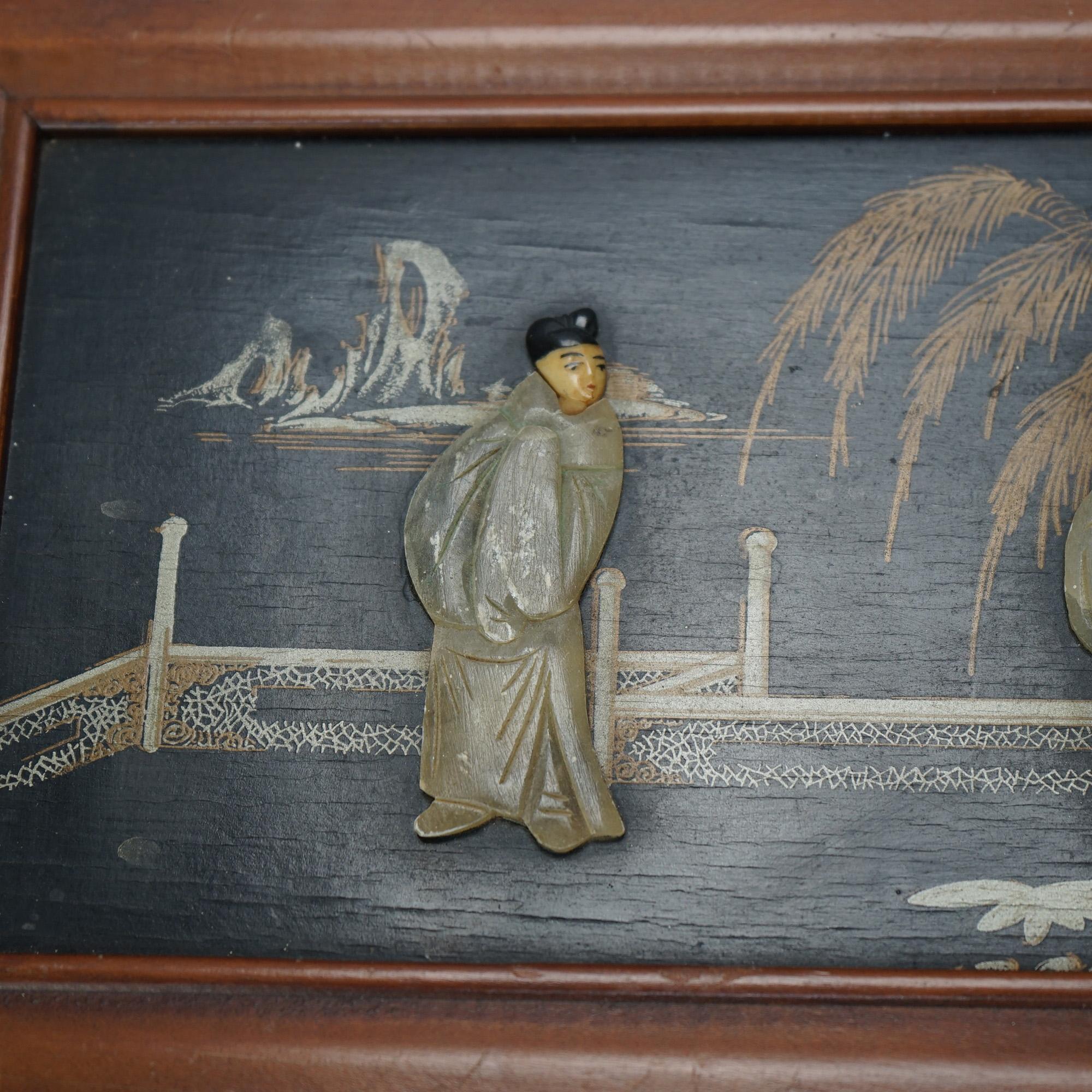 Chinese Ebonized Jewelry Box with Carved Soapstone Inlaid Figures 20thC In Good Condition For Sale In Big Flats, NY
