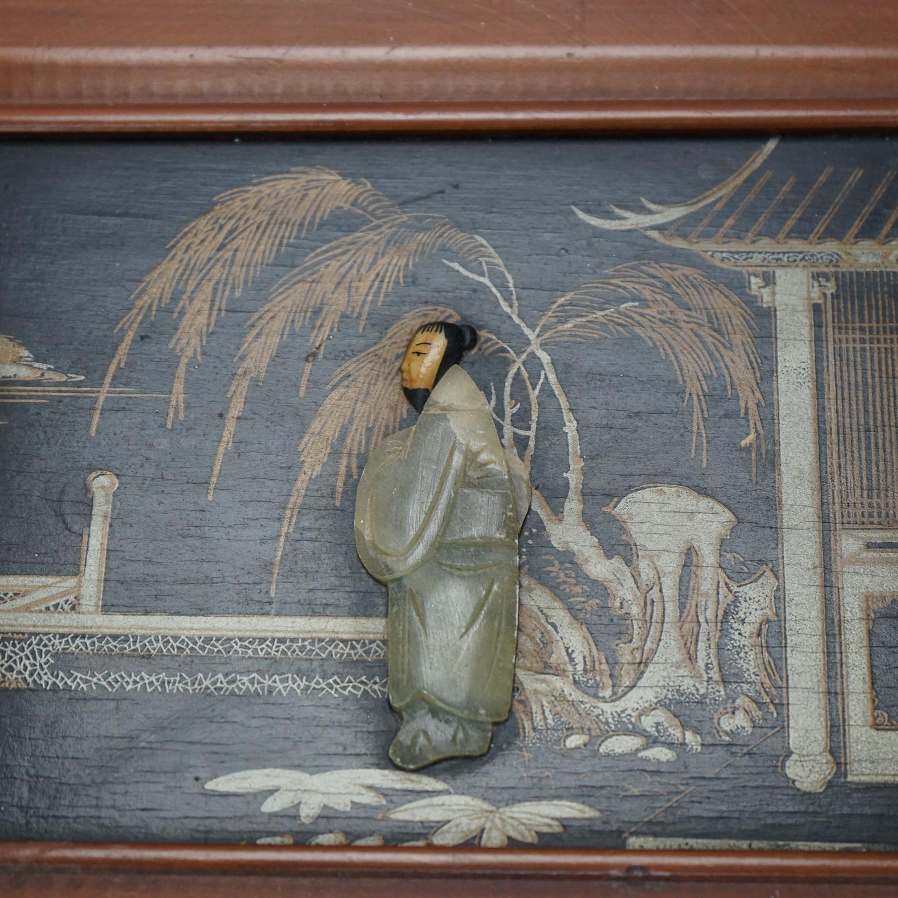 Boîte à bijoux chinoise ébénisée avec figures incrustées de pierres de savon sculptées 20e siècle Bon état - En vente à Big Flats, NY