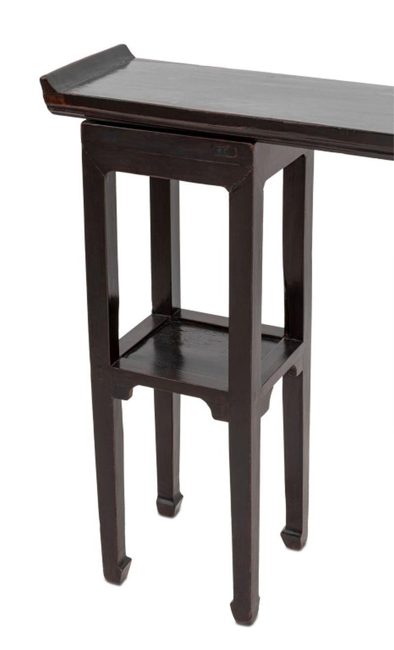 Chinese Ebonized Wood Console Table, in three pieces, two two-tier high tables with top. 34