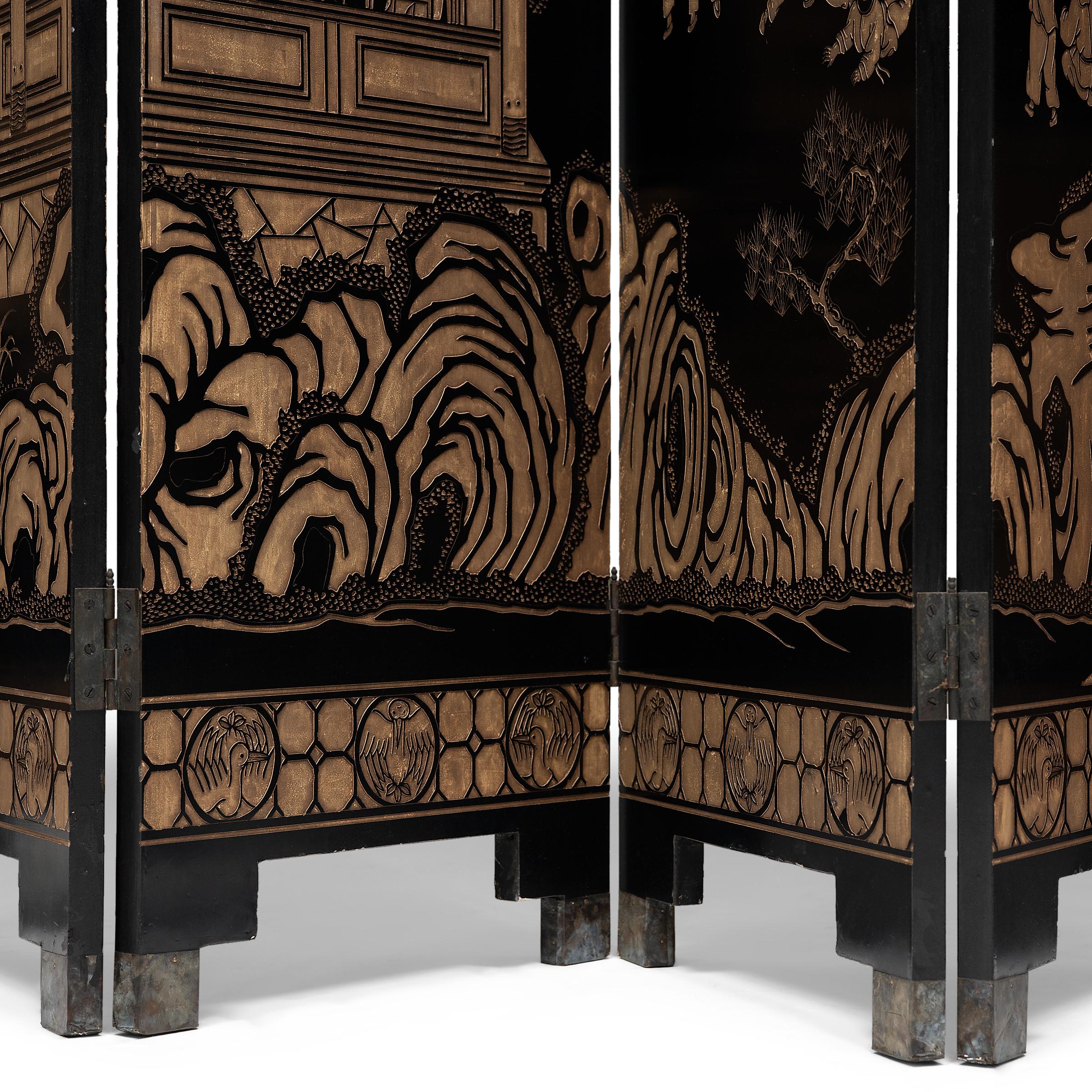 This showstopping eight panel folding screen is expertly crafted in the Chinoiserie style of the 20th century with a gold & black finish known as coromandel lacquer. Named after European trade routes that ran along the Coromandel coast, coromandel