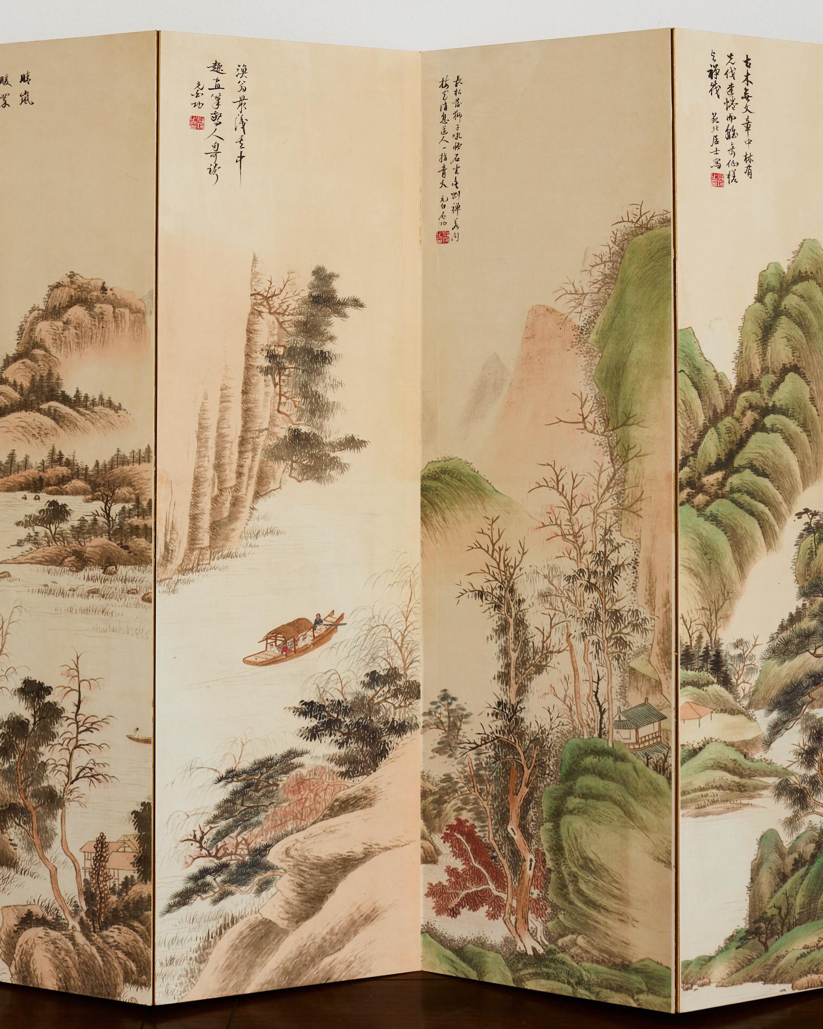 Pantalla de mesa plegable china de ocho paneles Paisajes Poemas Chino en venta