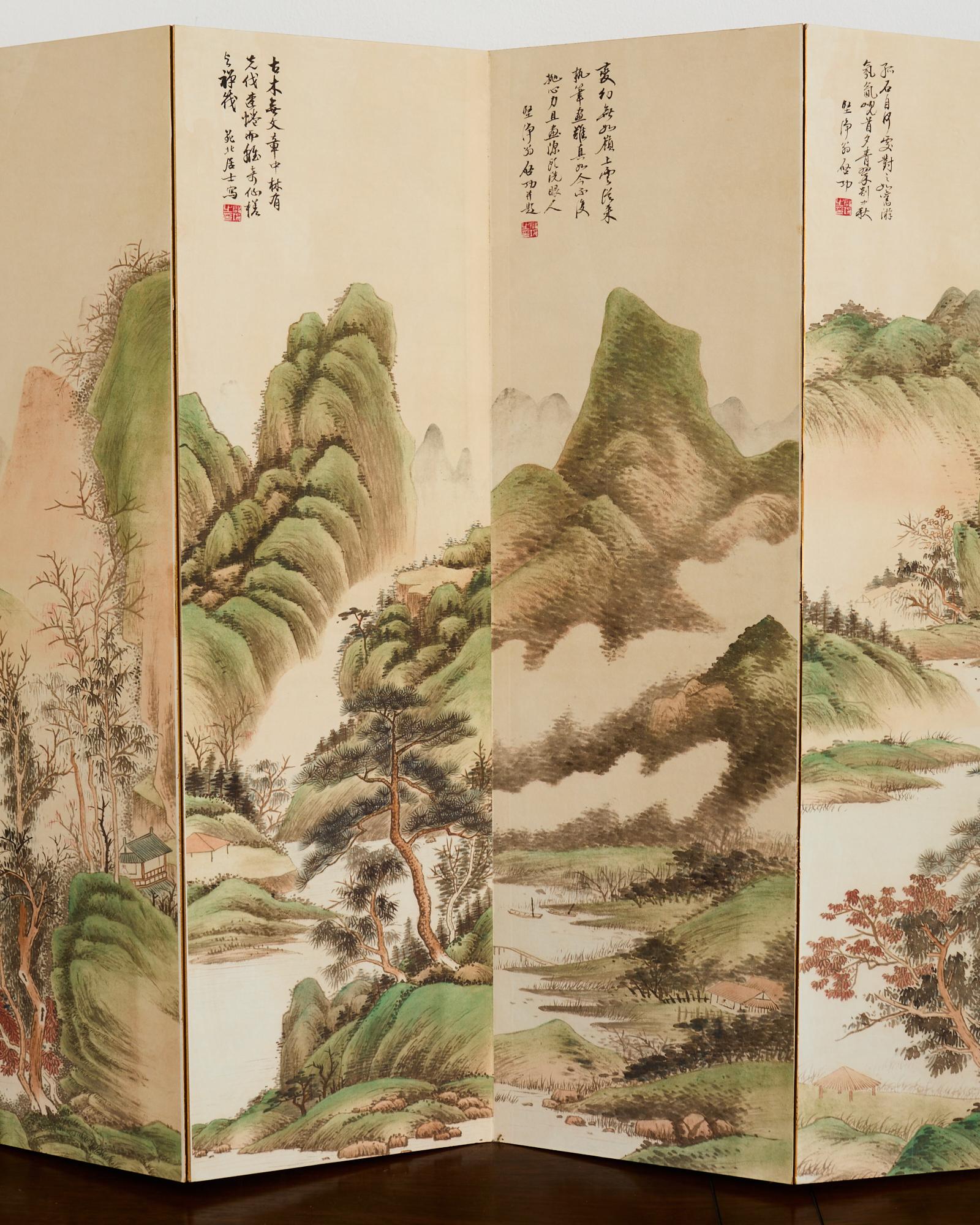 Pantalla de mesa plegable china de ocho paneles Paisajes Poemas Hecho a mano en venta