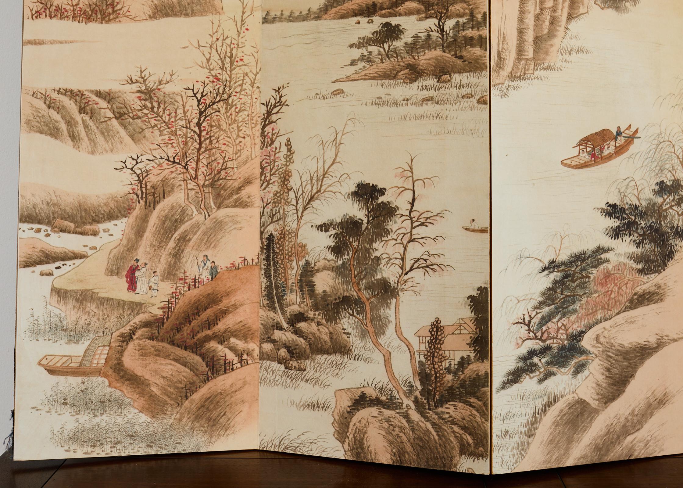 Pantalla de mesa plegable china de ocho paneles Paisajes Poemas Seda en venta