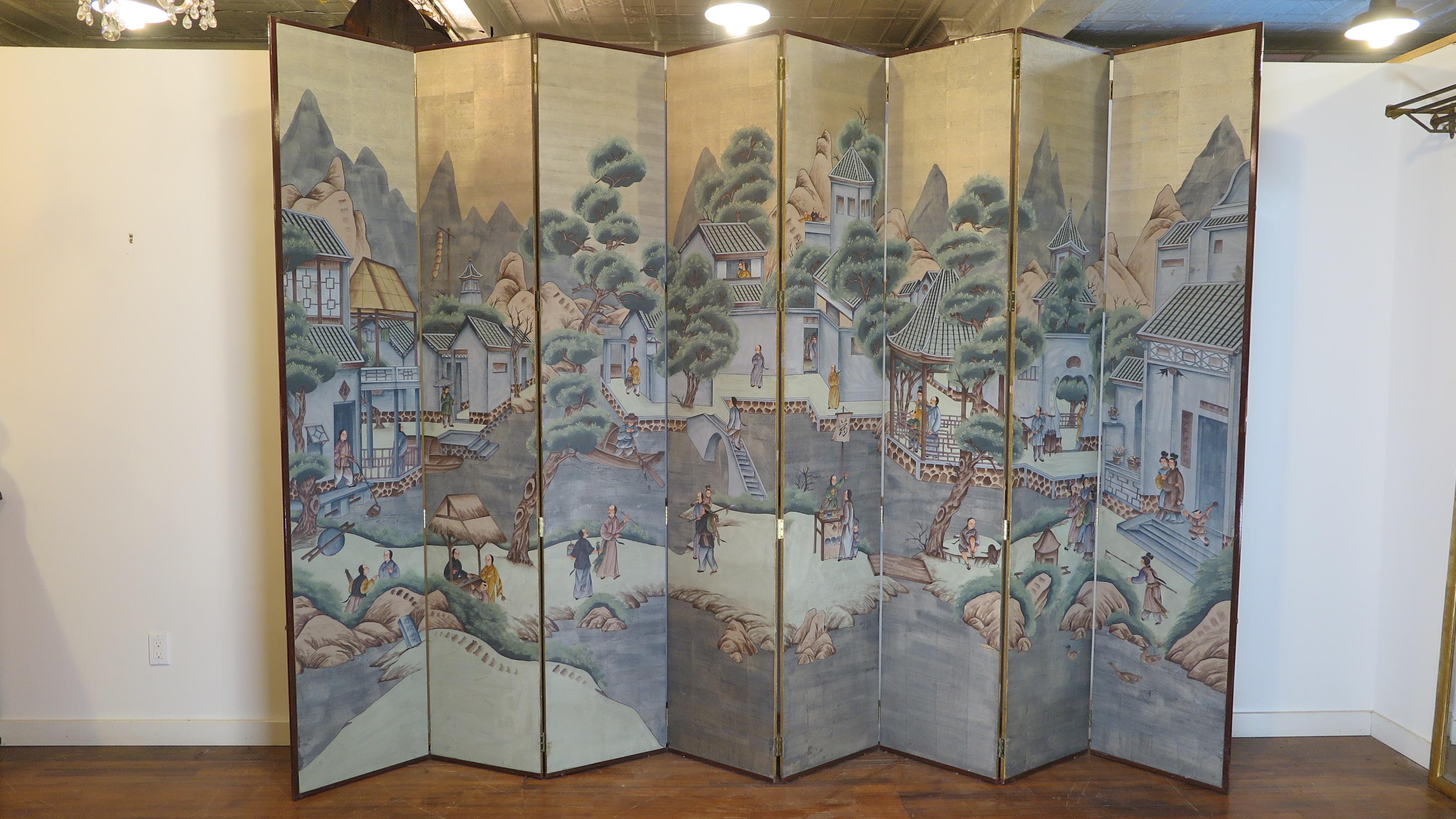 Midcentury Chinese painting folding screen. Chinese screen hand-painted over silver leaf. Elaborate hand-painted village scene depicting daily life within a rural mountain village. A day in the life of the village. Beautifully captured with great