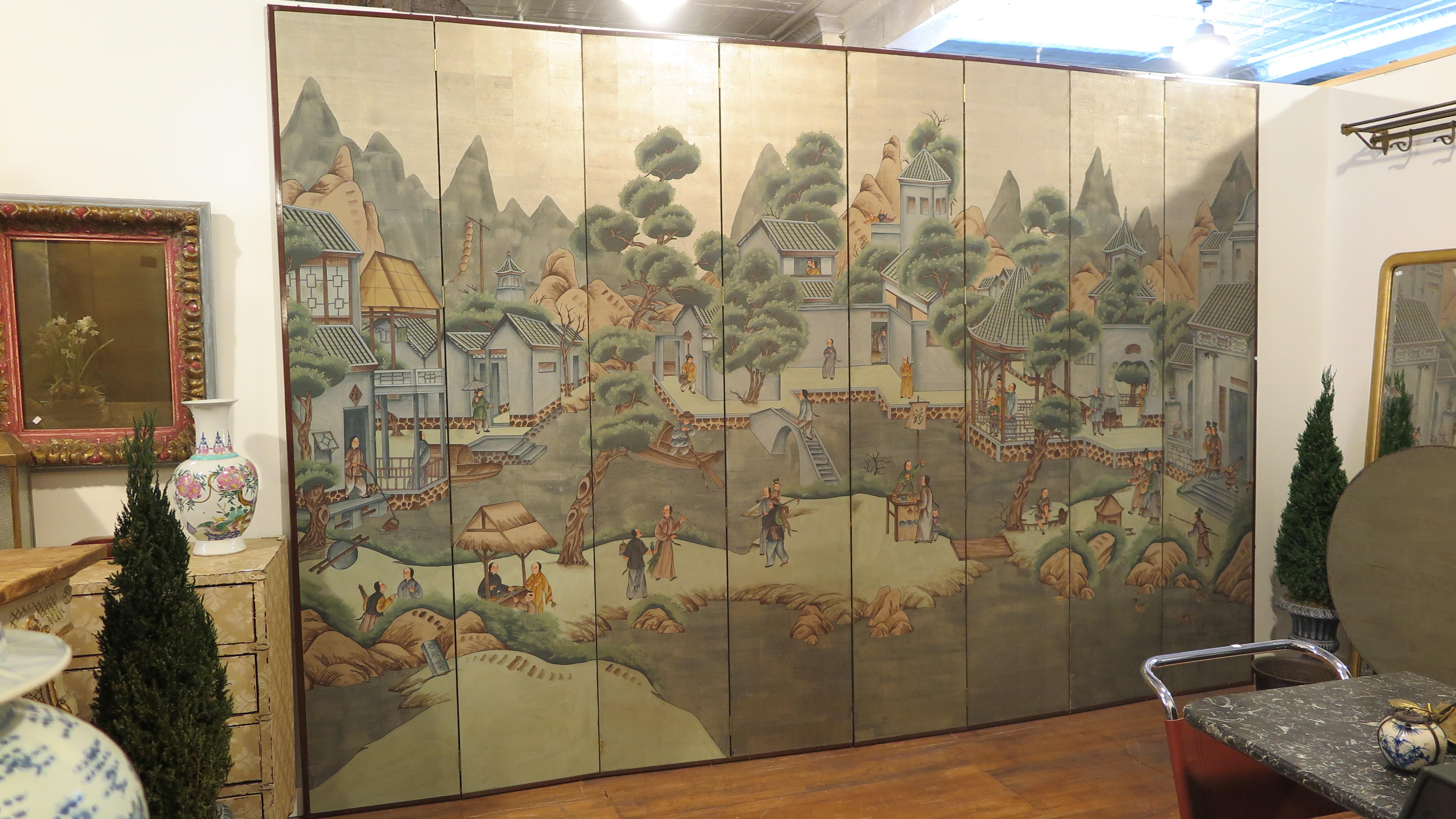 20th Century Chinese Eight Panel Painting Folding Screen