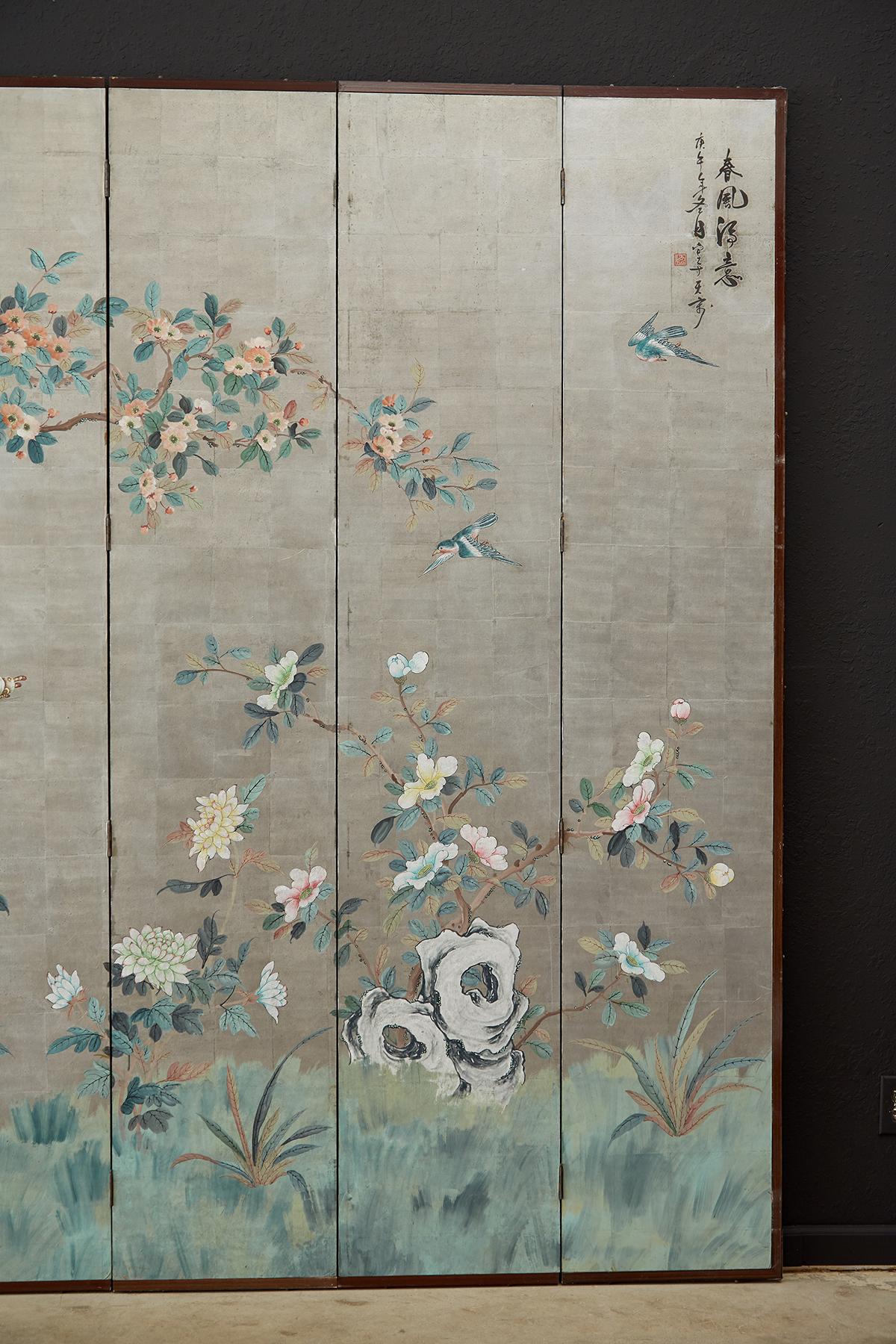 Chinoiserie Chinese Eight Panel Silver Leaf Spring Screen
