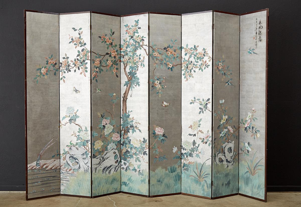 Hand-Painted Chinese Eight Panel Silver Leaf Spring Screen