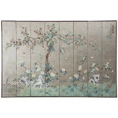 Chinese Eight Panel Silver Leaf Spring Screen For Sale at 1stDibs