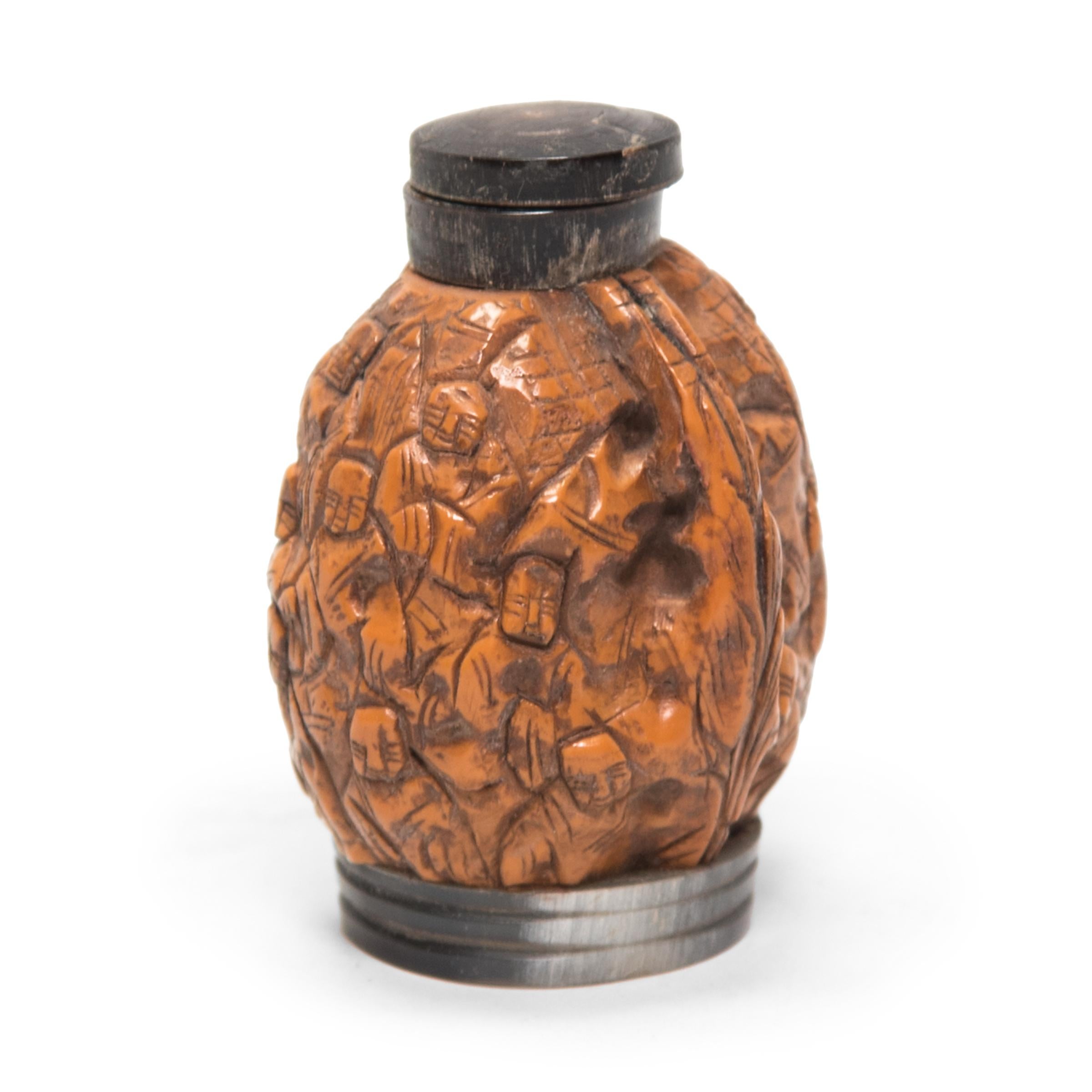 Hand-Carved Chinese Eighteen Luohan Walnut Shell Snuff Bottle, c. 1900 For Sale