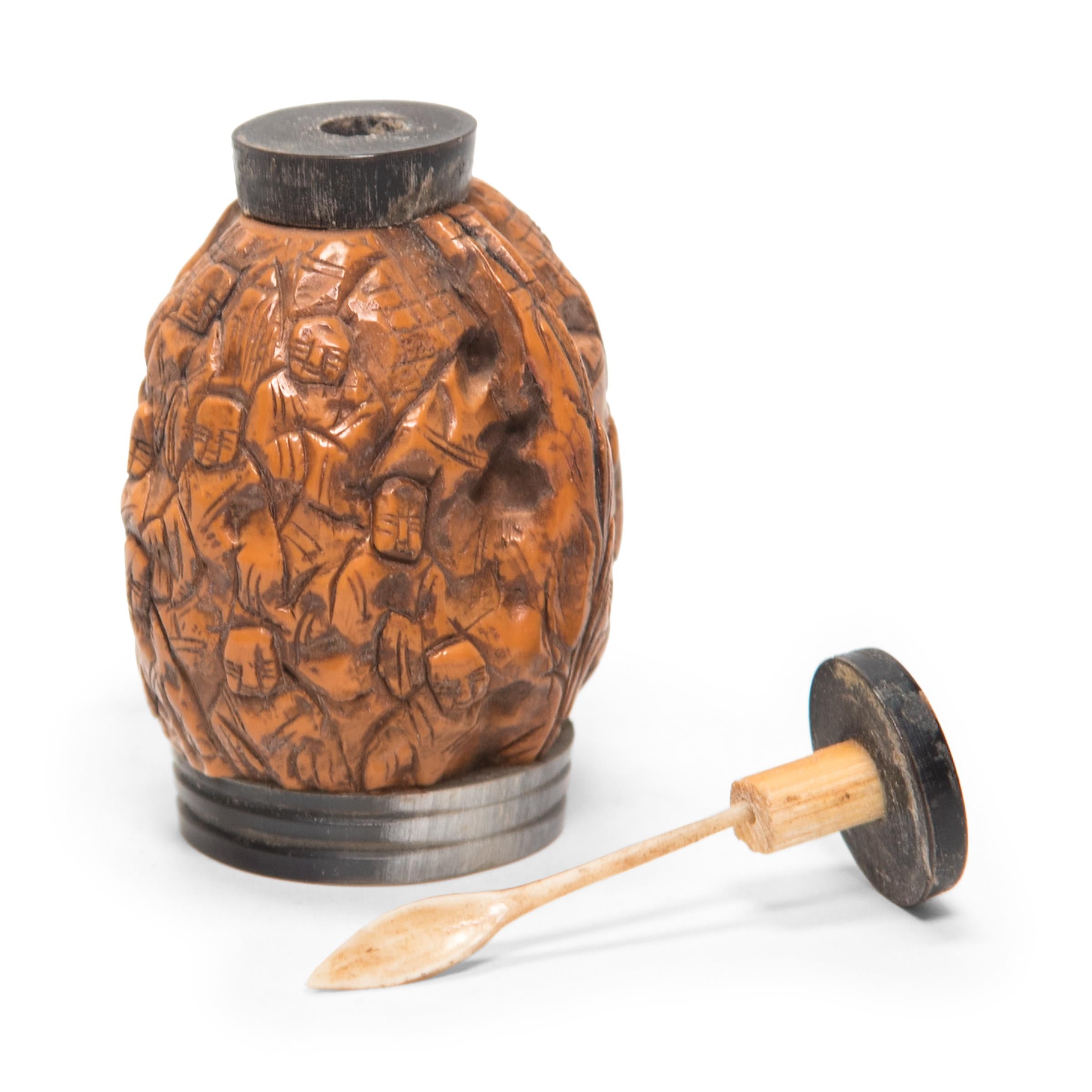 Chinese Eighteen Luohan Walnut Shell Snuff Bottle, c. 1900 In Good Condition For Sale In Chicago, IL