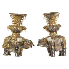 Chinese Elephant Censers Gilt Metal Jade Stone A Pair