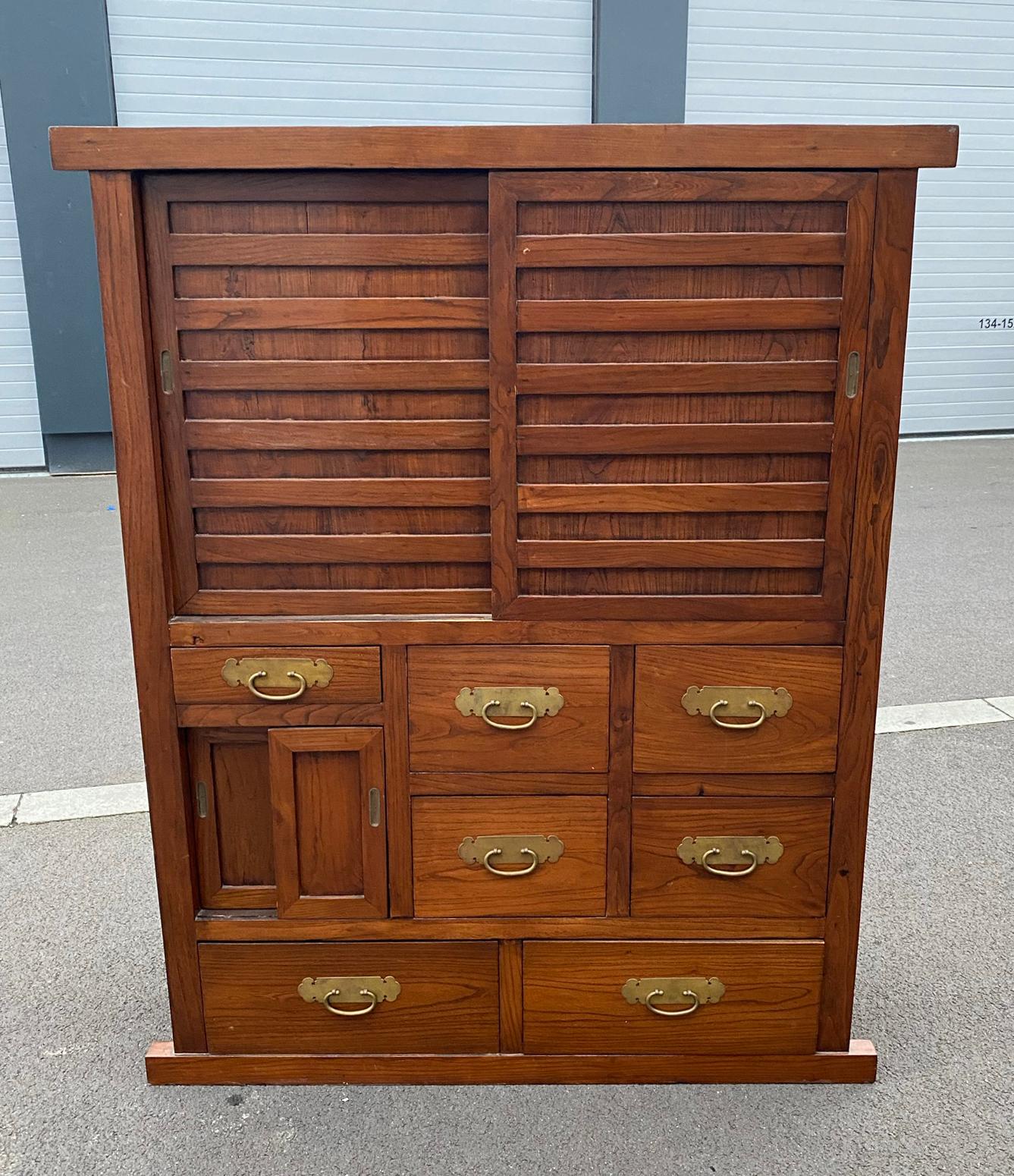 Brass Chinese Elm Cabinet, circa 1930 For Sale