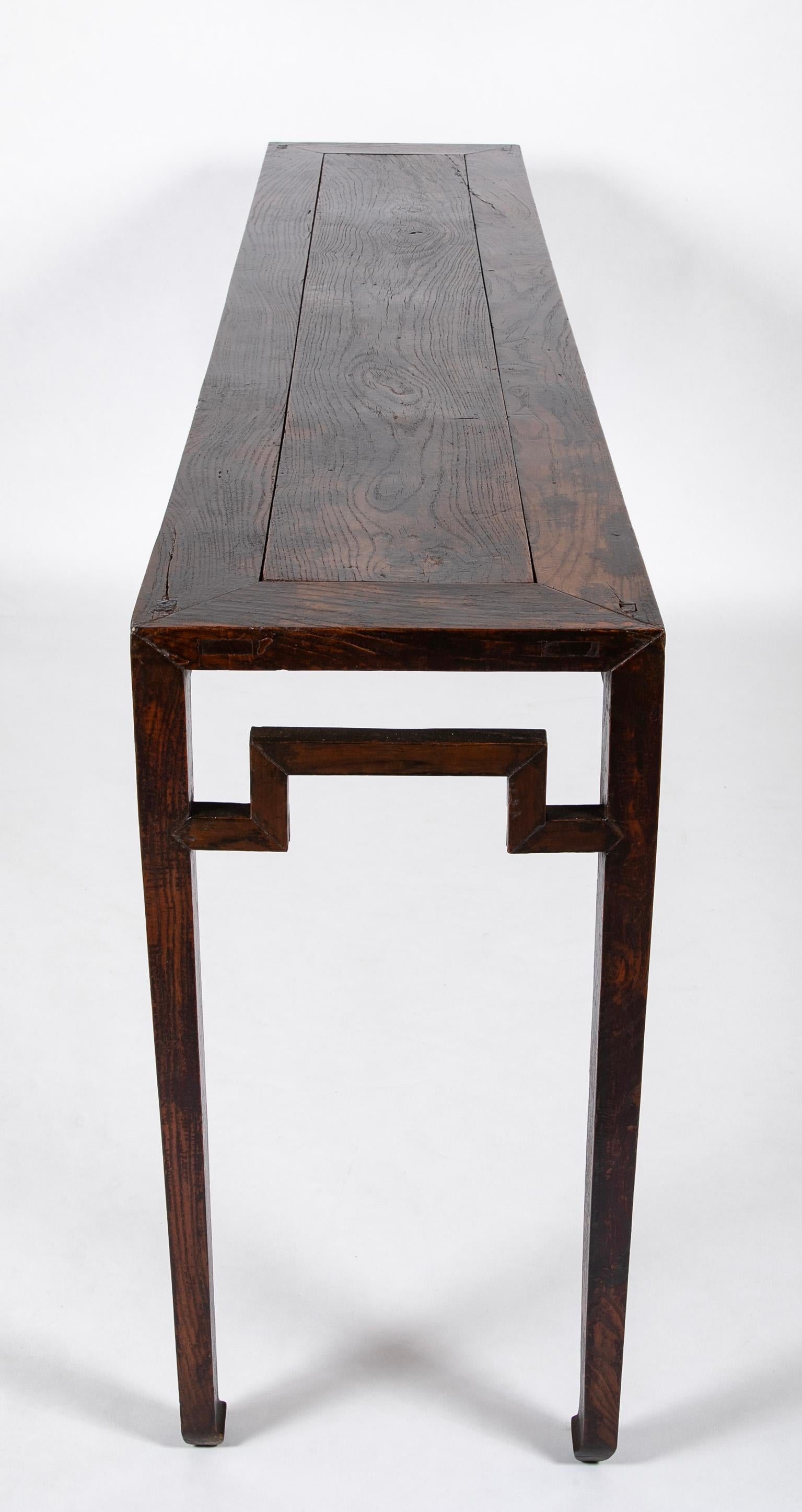 Chinese Elm Console with Square Form Humpback Stretchers For Sale 8