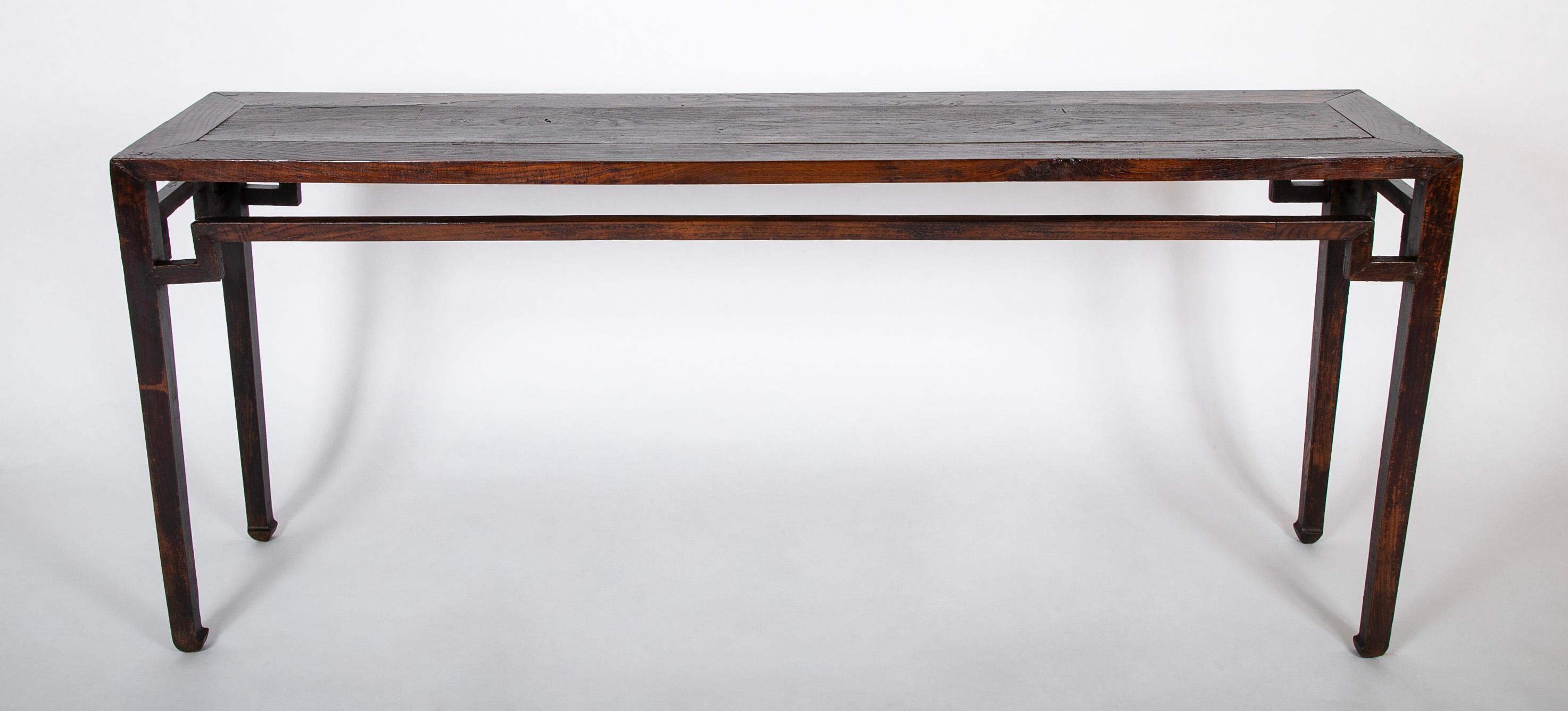 18th century Chinese elm console table with square form humpback stretchers.  Shanxi Province.  