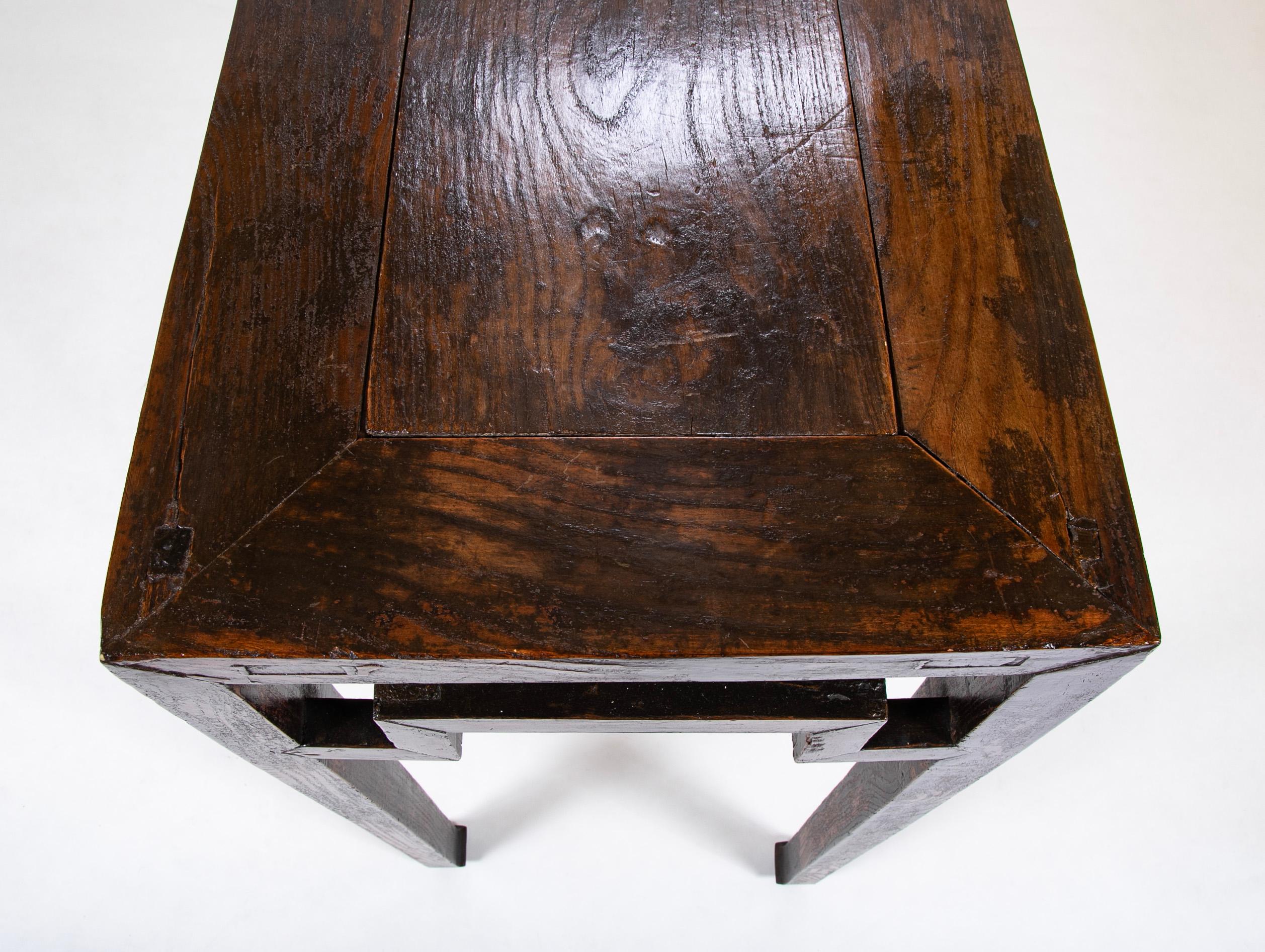 Chinese Elm Console with Square Form Humpback Stretchers For Sale 4