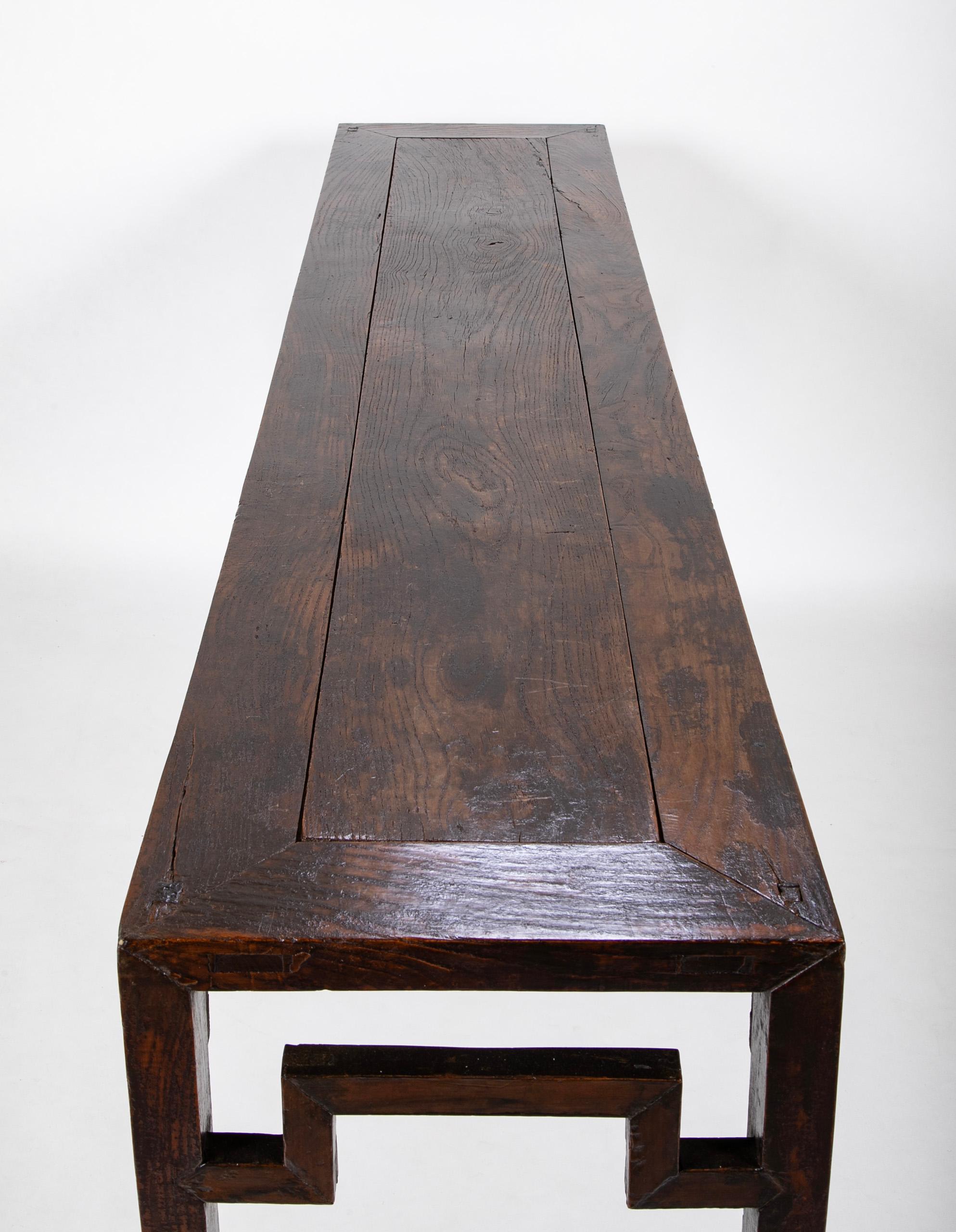 Chinese Elm Console with Square Form Humpback Stretchers For Sale 5