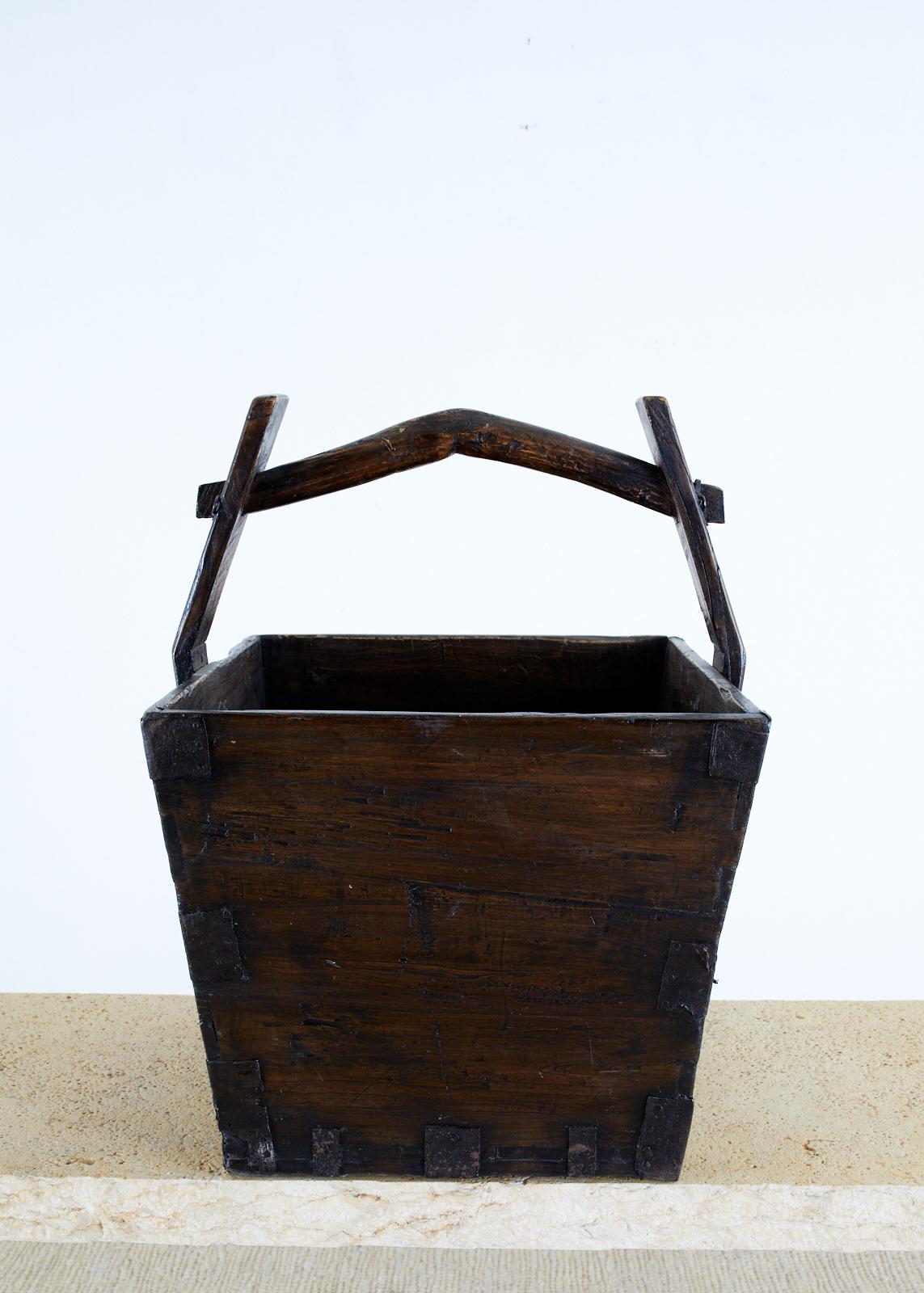 Rustic Chinese Elm Grain Bucket with Handle