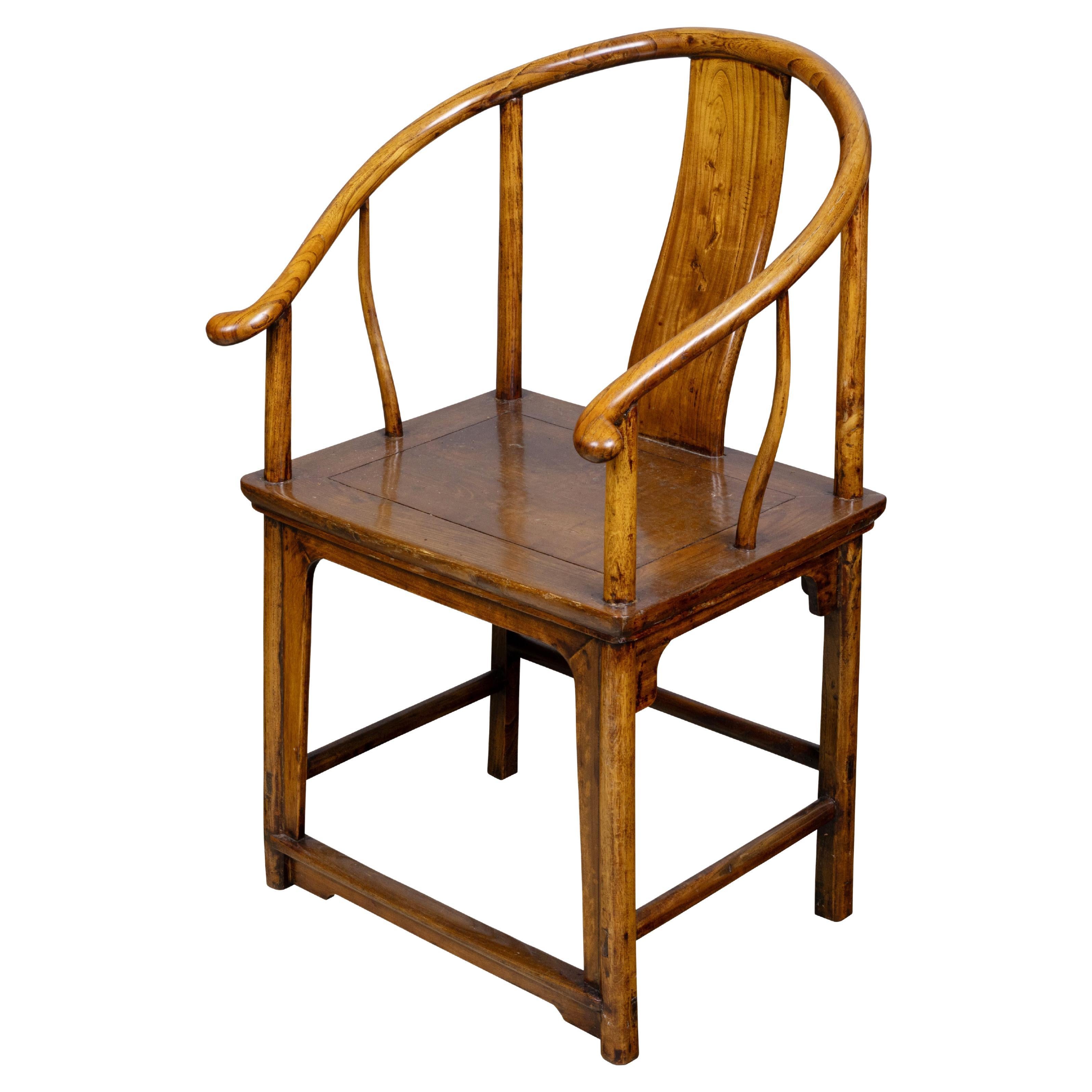 Chinese Elm Horseshoe-Back Armchair with Curved Crest Rail, circa 1880 For Sale